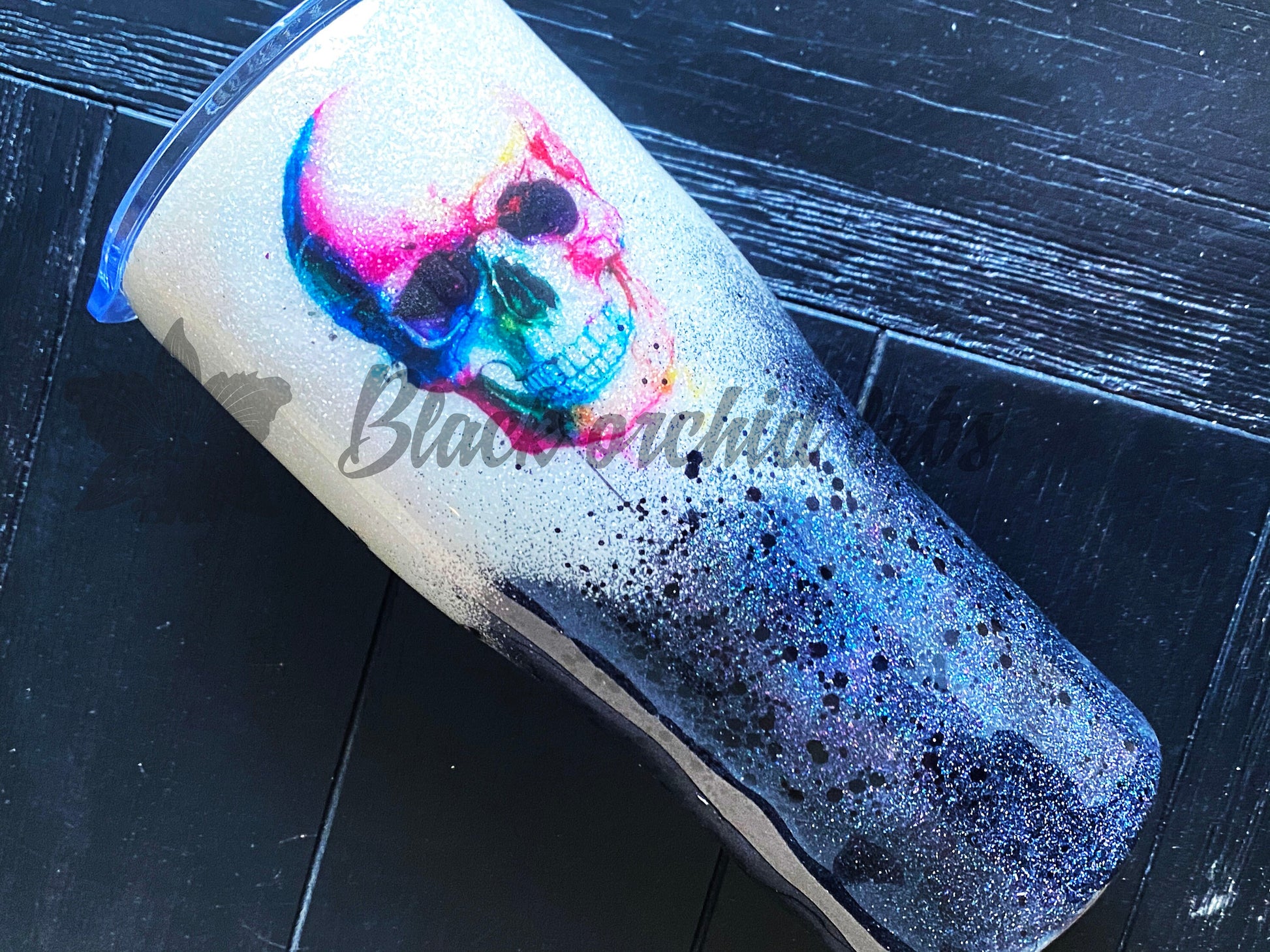 Black and White Glitter Ombre, Watercolor Skull Tumbler, Skull travel Mug, Anatomy Gift, Skull Water Bottle, Goth, Steampunk, Hipster