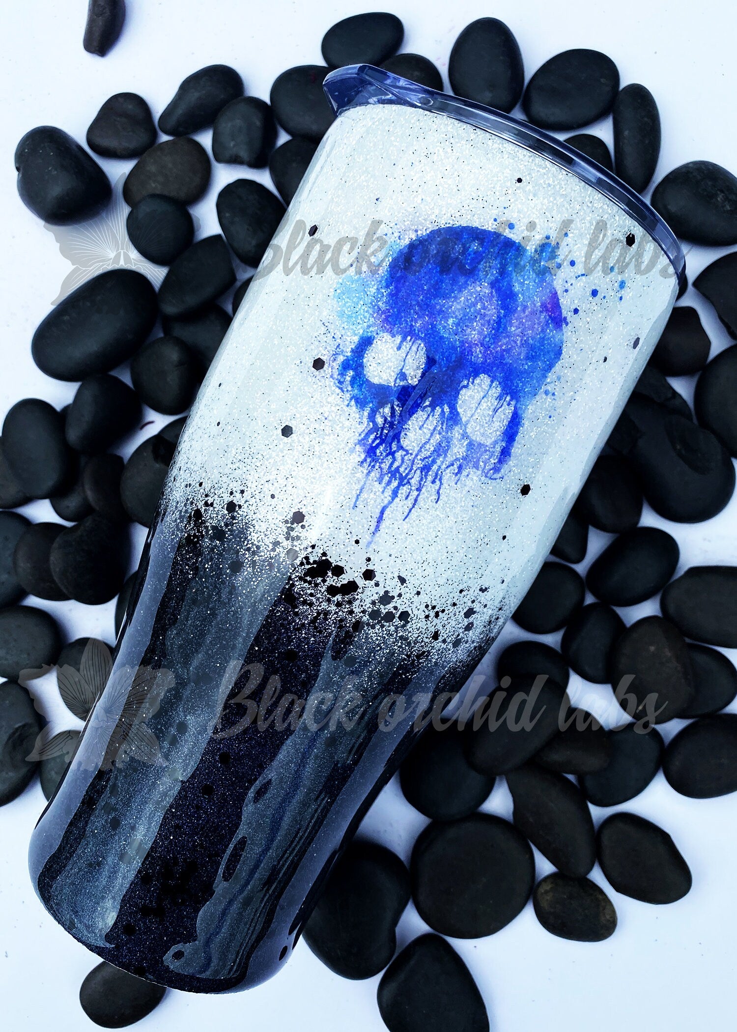 Black and White Glitter Ombre, Purple Watercolor Skull Tumbler, Punk Water Bottle, Gothic, Watercolor, Anatomy Travel Mug, Hipster, Goth