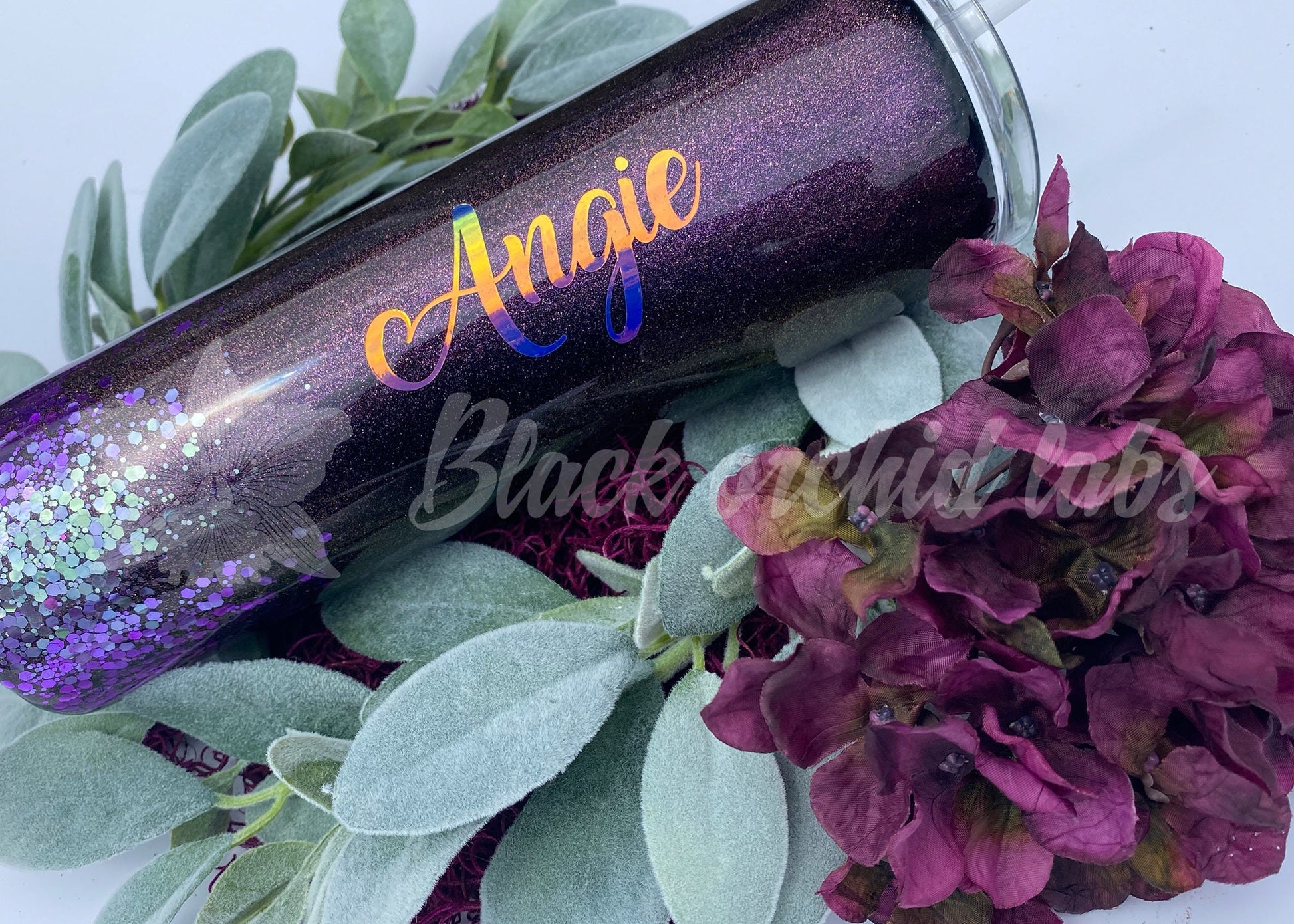 Iridescent Personalized Glitter Tumbler, purple chameleon, color shift shimmer tumbler