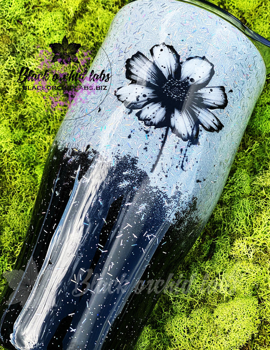 Black and White Daisy Glitter Ombre Tumbler, Silver and Black Tumbler, Subtle Floral, Edgy Gift, Hipster, Daisy, Goth