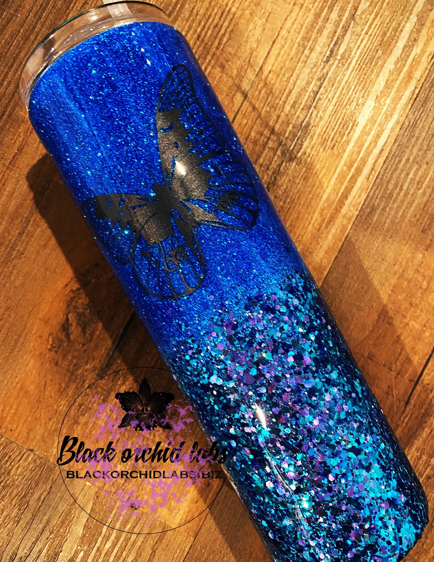 Iron Butterfly Glitter Ombre Tumbler, Butterfly, Blue Glitter Travel Mug, Edgy Gift, Water Bottle