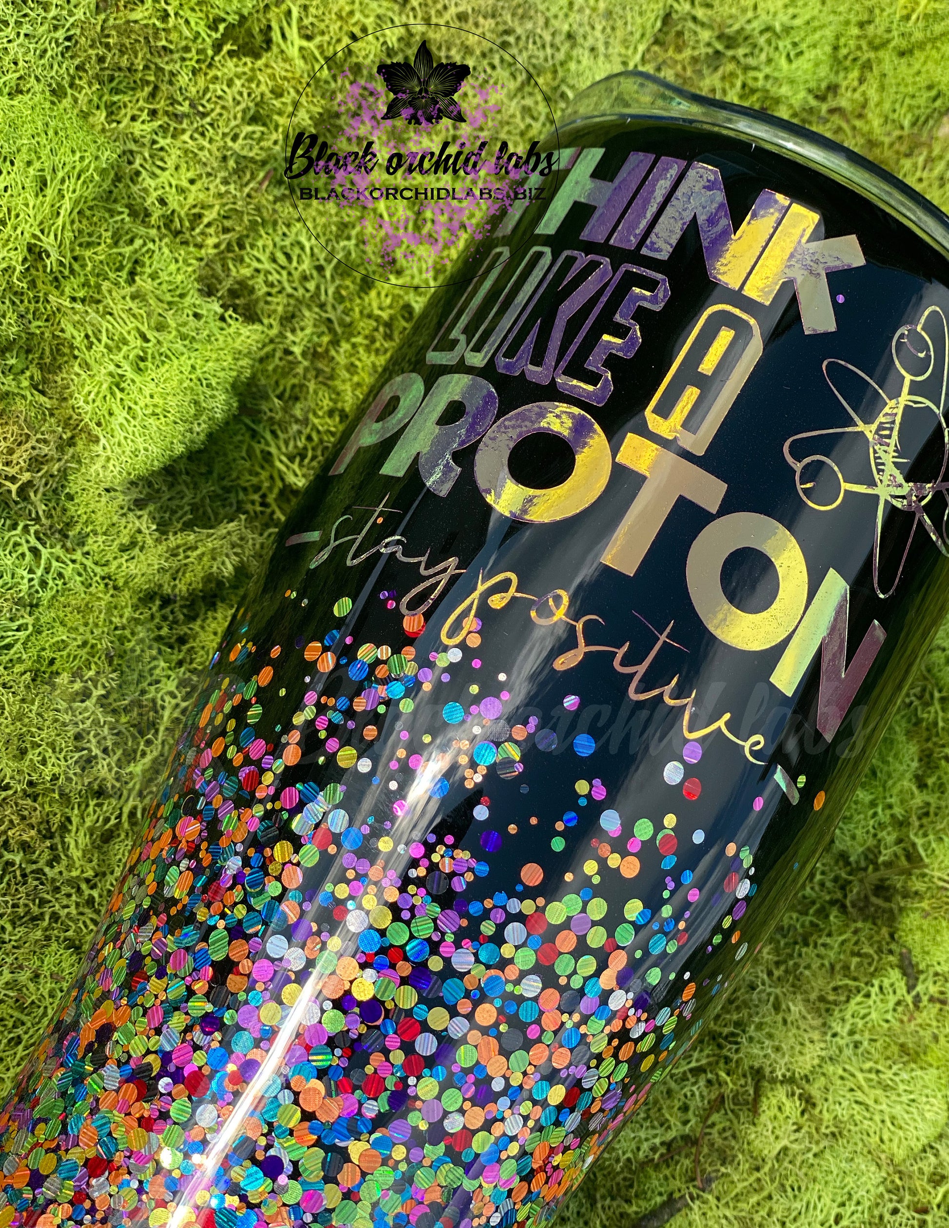 Think Like a Proton Glitter Tumbler, Science Lover Travel Mug, Atomic Water Bottle