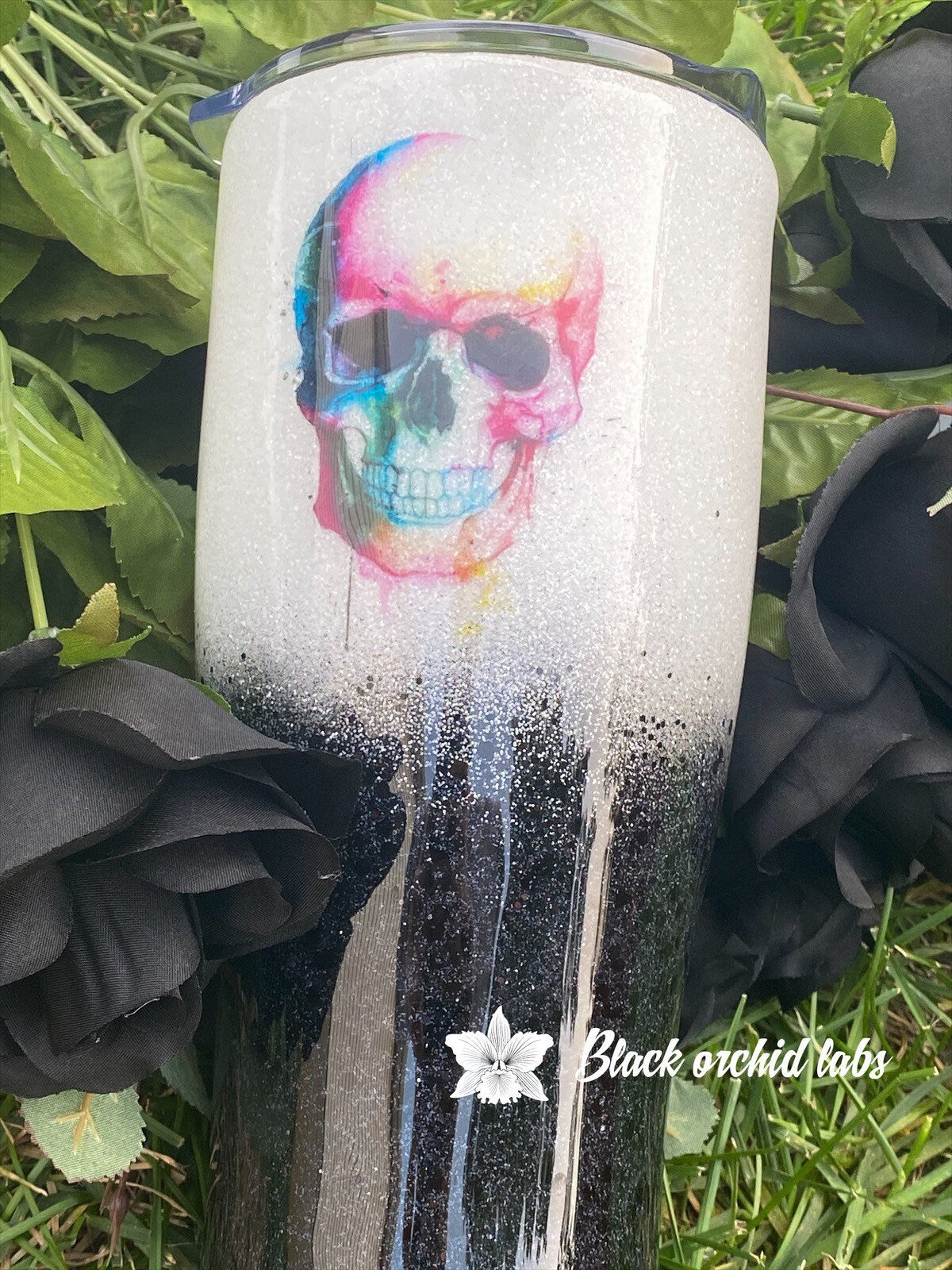 Black and White Glitter Ombre, Watercolor Skull Tumbler, Skull travel Mug, Anatomy Gift, Skull Water Bottle, Goth, Steampunk, Hipster