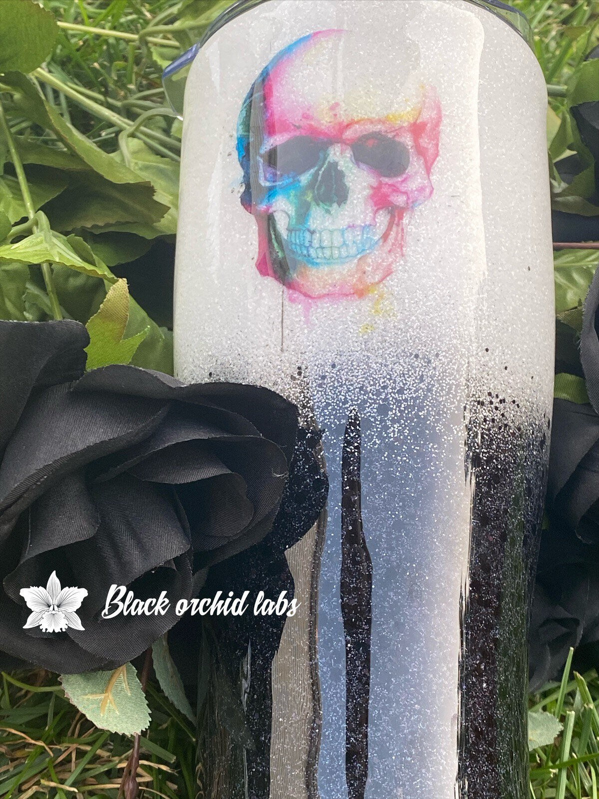 Black and White Glitter Ombre, Watercolor Skull Tumbler, Skull travel Mug, Anatomy Gift, Skull Water Bottle, Goth, Steampunk, Hipster