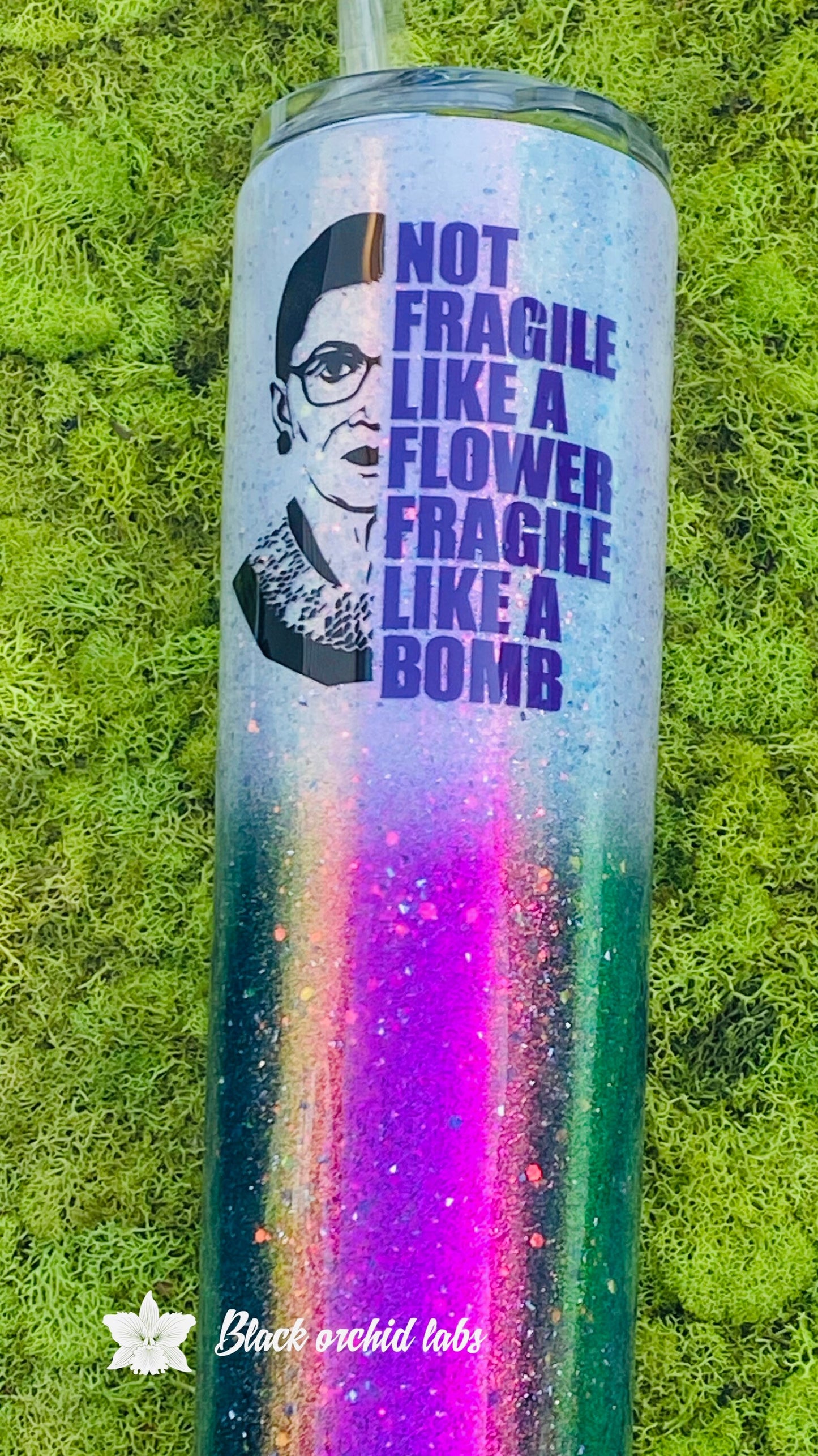 RBG Fragile Like a Bomb Glitter Ombre Tumbler, Women’s Empowerment, Legendary RBG, Black and White Ombré