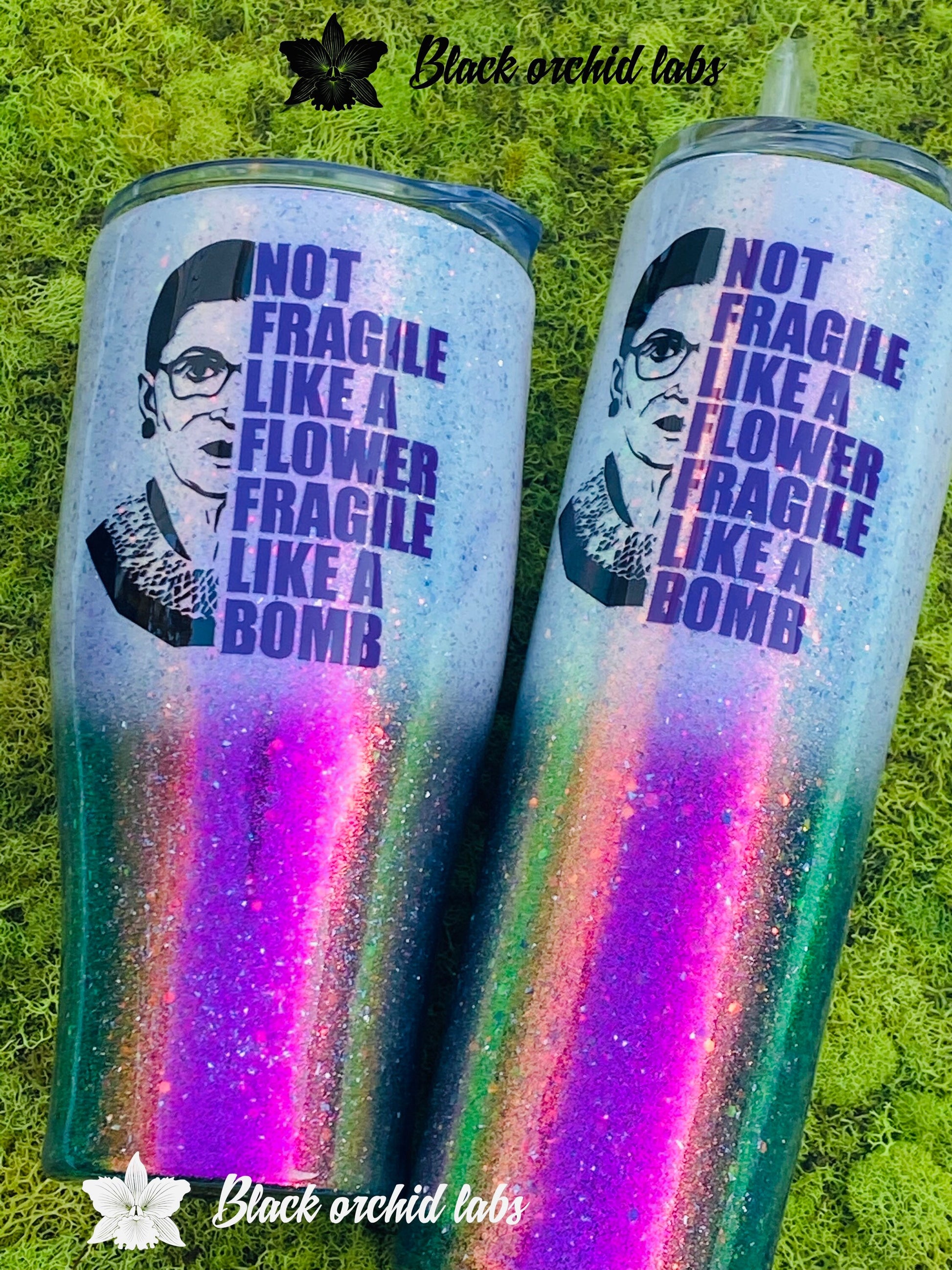 RBG Fragile Like a Bomb Glitter Ombre Tumbler, Women’s Empowerment, Legendary RBG, Black and White Ombré