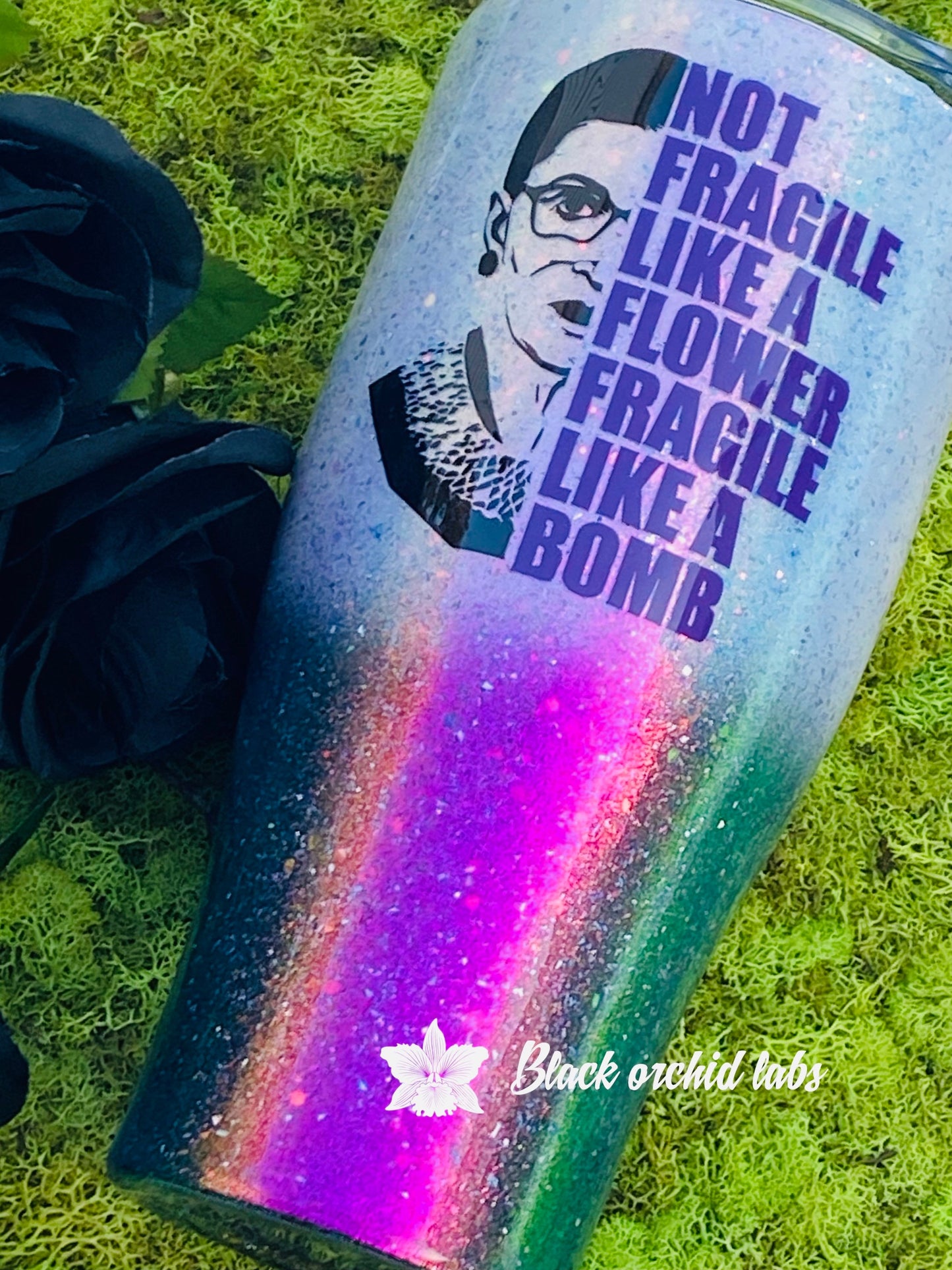 RBG Fragile Like a Bomb Glitter Ombre Tumbler, Women’s Empowerment, Legendary RBG, Black and White Ombré