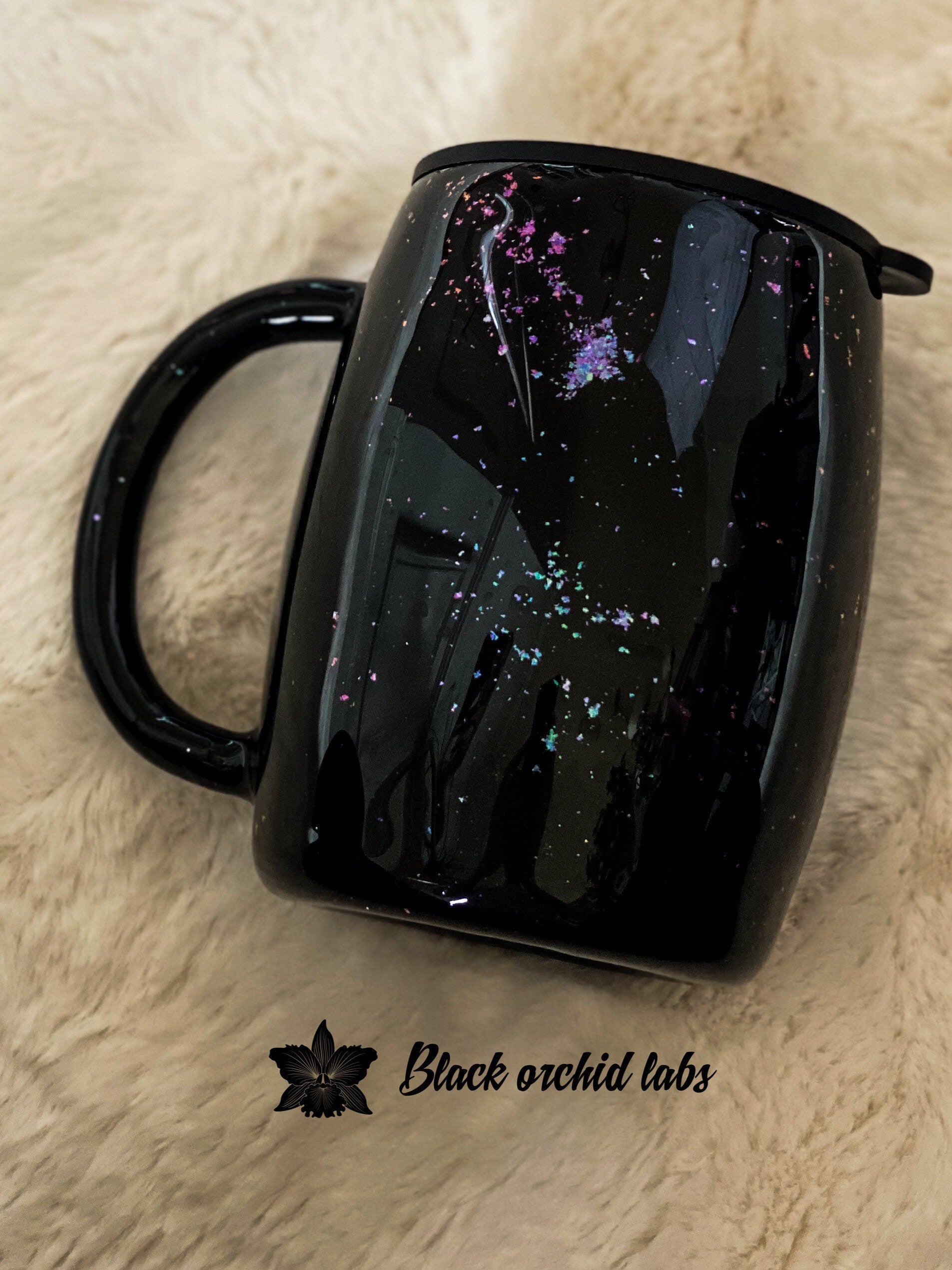 Grateful Glitter Iridescent Mug with Lid, Drink Tumbler, Black Glitter Travel Mug, Thankful Water Bottle