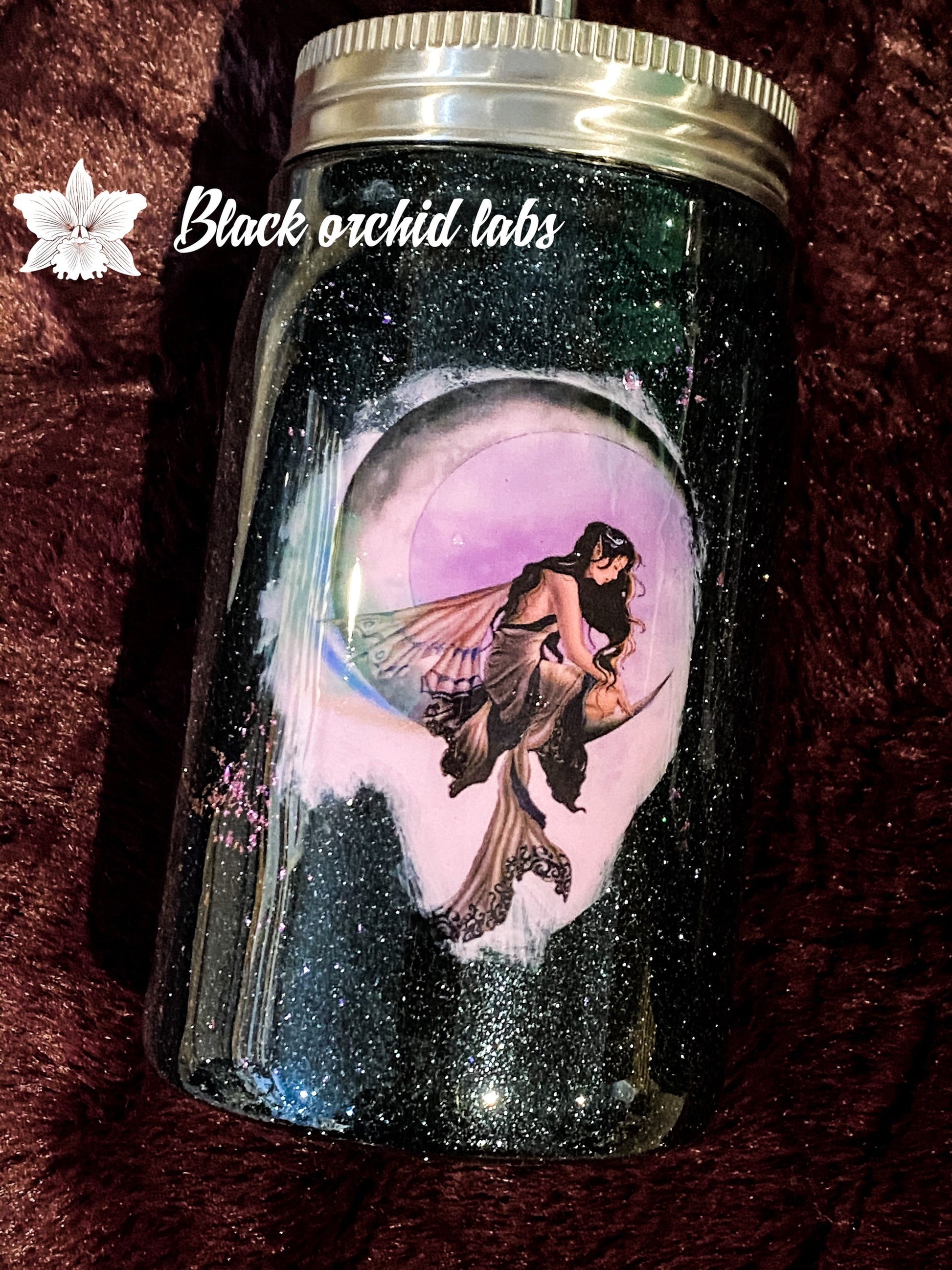 Dark Lunar Fairy Glitter Tumbler, Fairy Lover, Dark and Magical, Water Bottle, Travel Mug, Black Glitter, Purple, Fantasy, Goth, Magic
