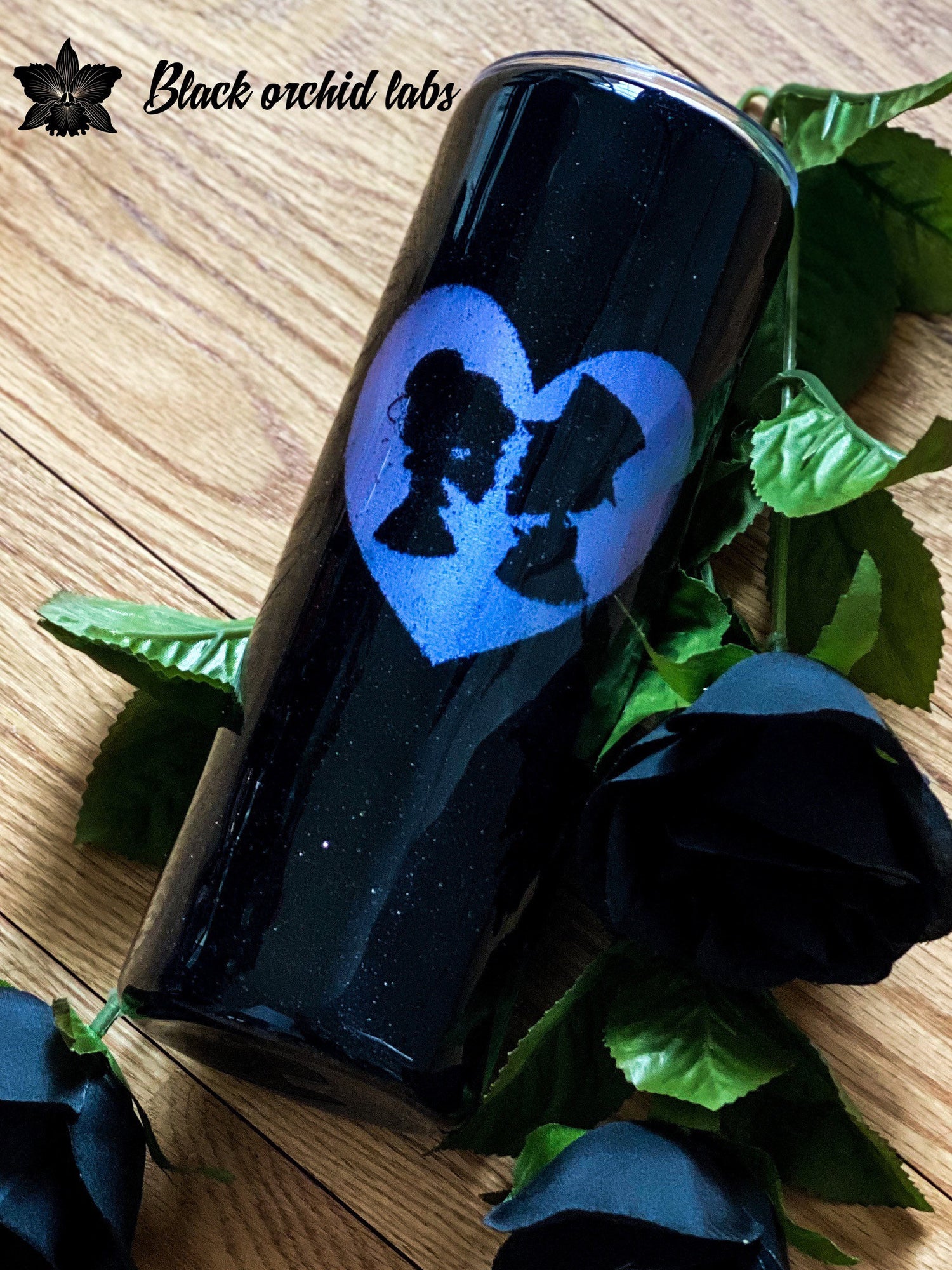 Skull Glitter Iridescent Tumbler, Skull couple, gothic, Love is love water bottle, Goth Valentine, Skull couple travel mug, Steampunk