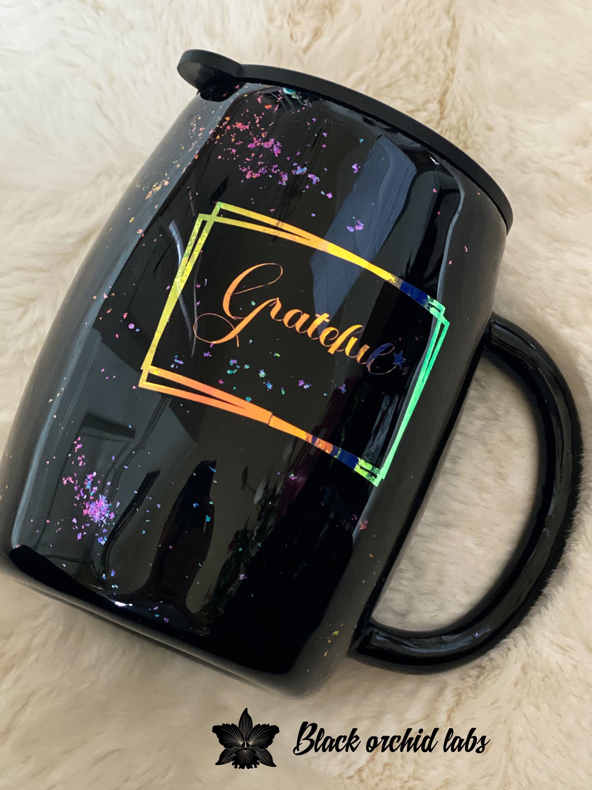 Grateful Glitter Iridescent Mug with Lid, Drink Tumbler, Black Glitter Travel Mug, Thankful Water Bottle