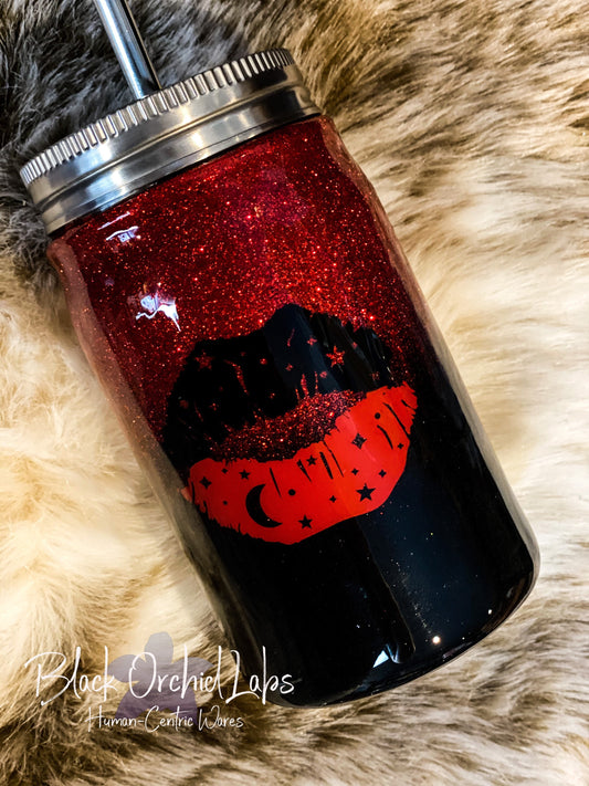 Glitter Lunar Lips Glitter Tumbler, Red and Black Glitter Ombré, Edgy Travel Mug, Lips, Water Bottle
