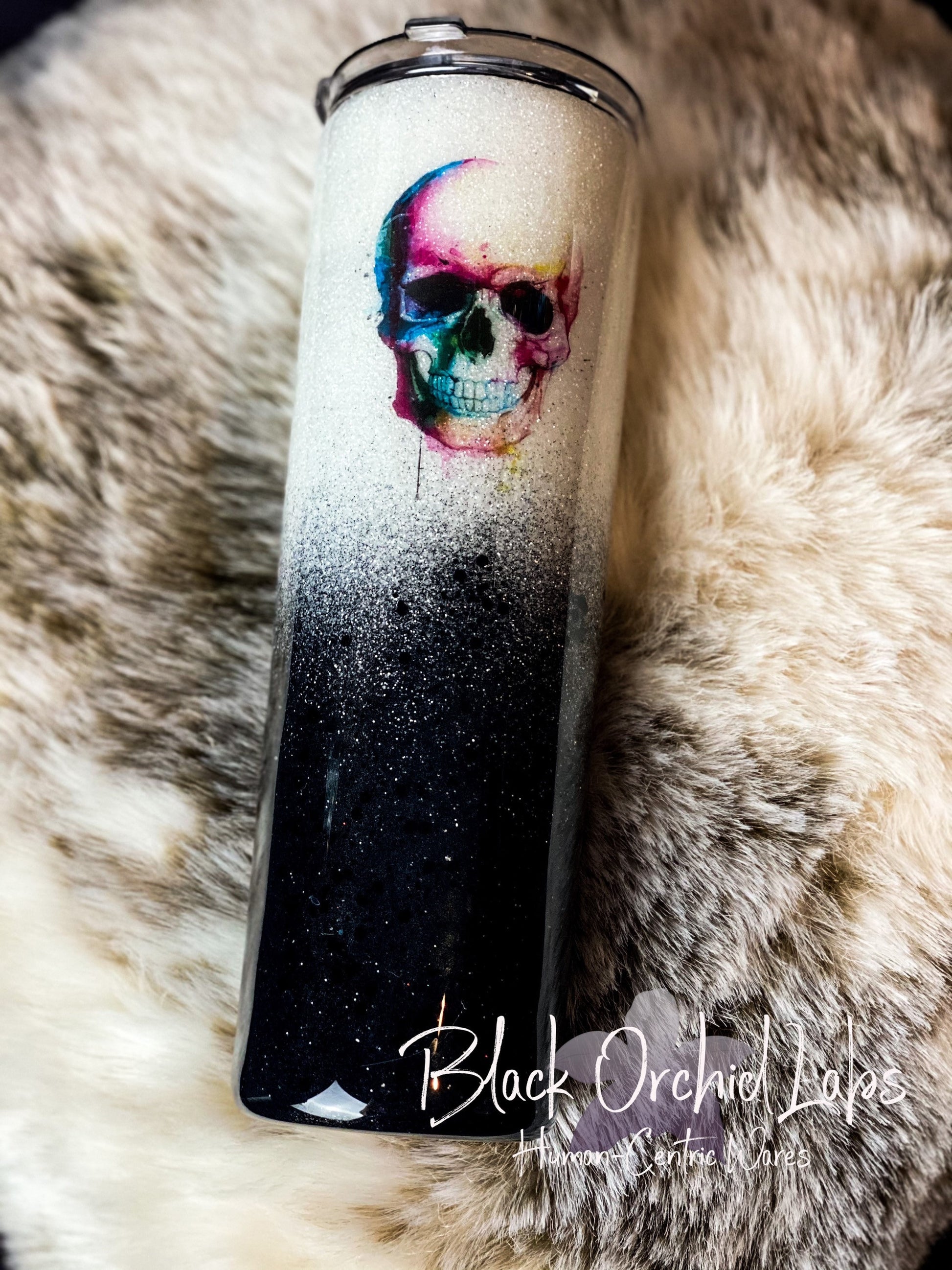 Black and White Glitter Ombre, Watercolor Skull Tumbler, Skull travel Mug, Anatomy Gift, Skull Water Bottle, Goth, Steampunk, Hipster