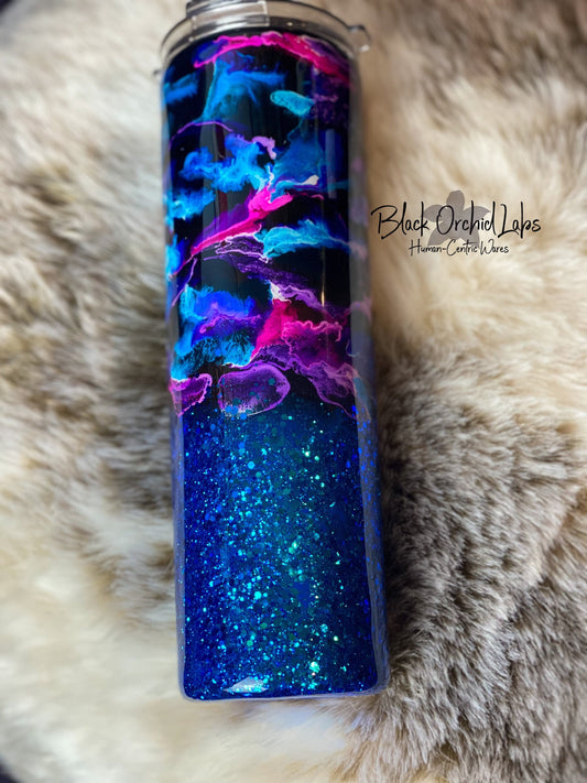 Blue Glitter Swirl Tumbler, Colorful Travel Mug, Coffee lover unique gift