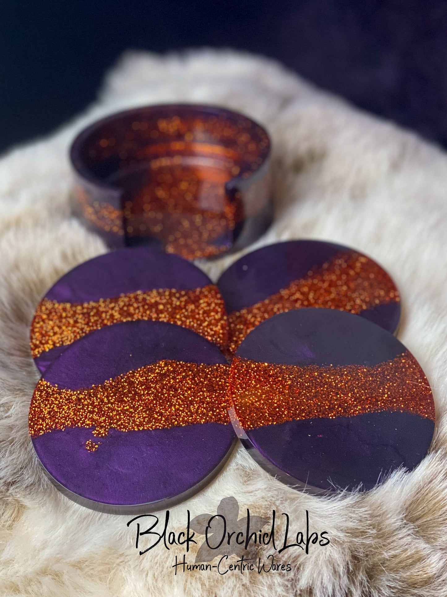 Set of 4 Resin Coaster Set, Artistic Coaster Set, Deep Purp and Copper , With Holder, Housewarming, Wedding Gift, Elegant Home, Office Decor