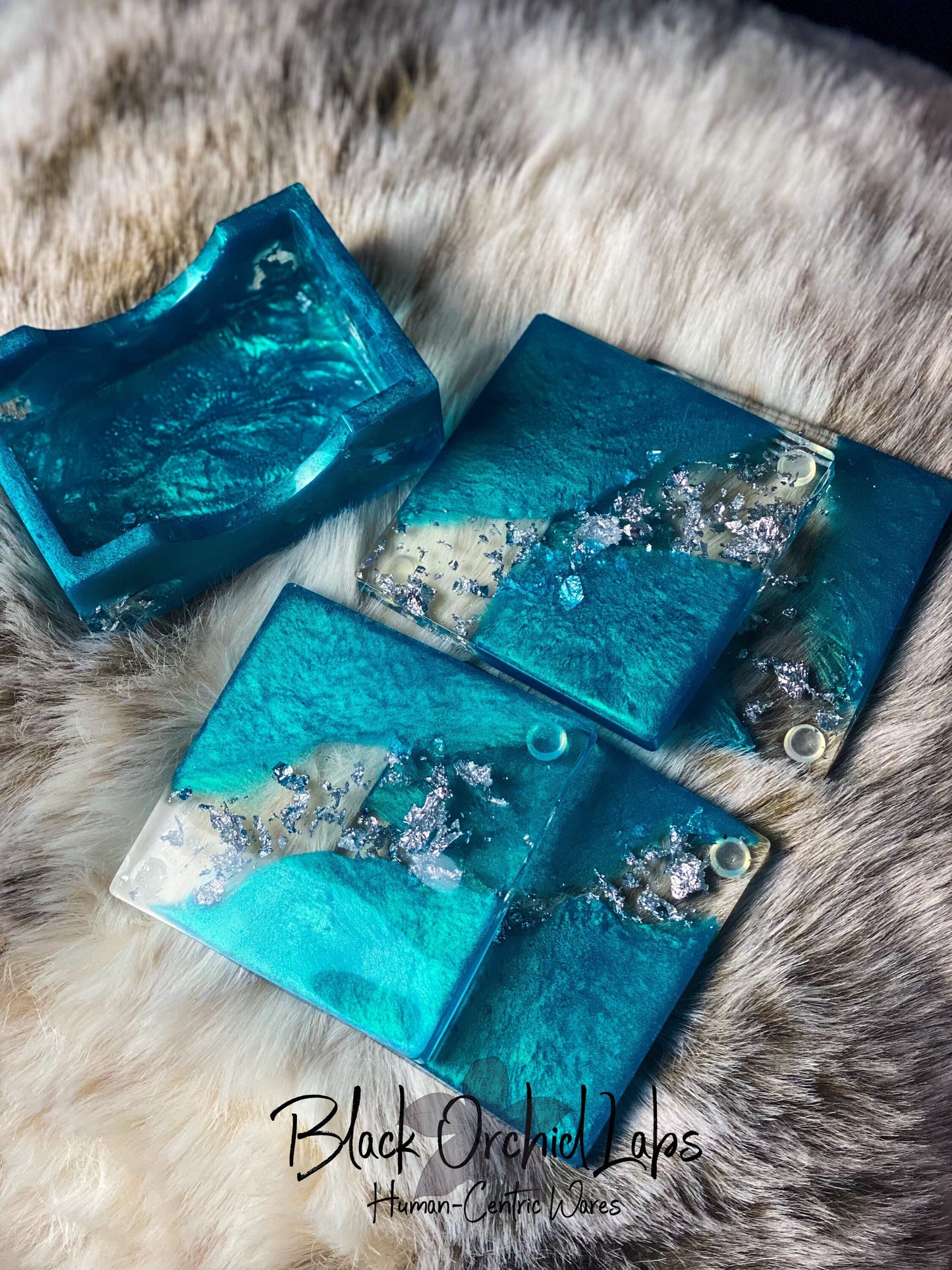 Set of 4 Resin Coaster Set, Artistic Coaster Set, Turquoise and Silver, With Holder, Housewarming, Wedding Gift, Elegant Home, Office Decor