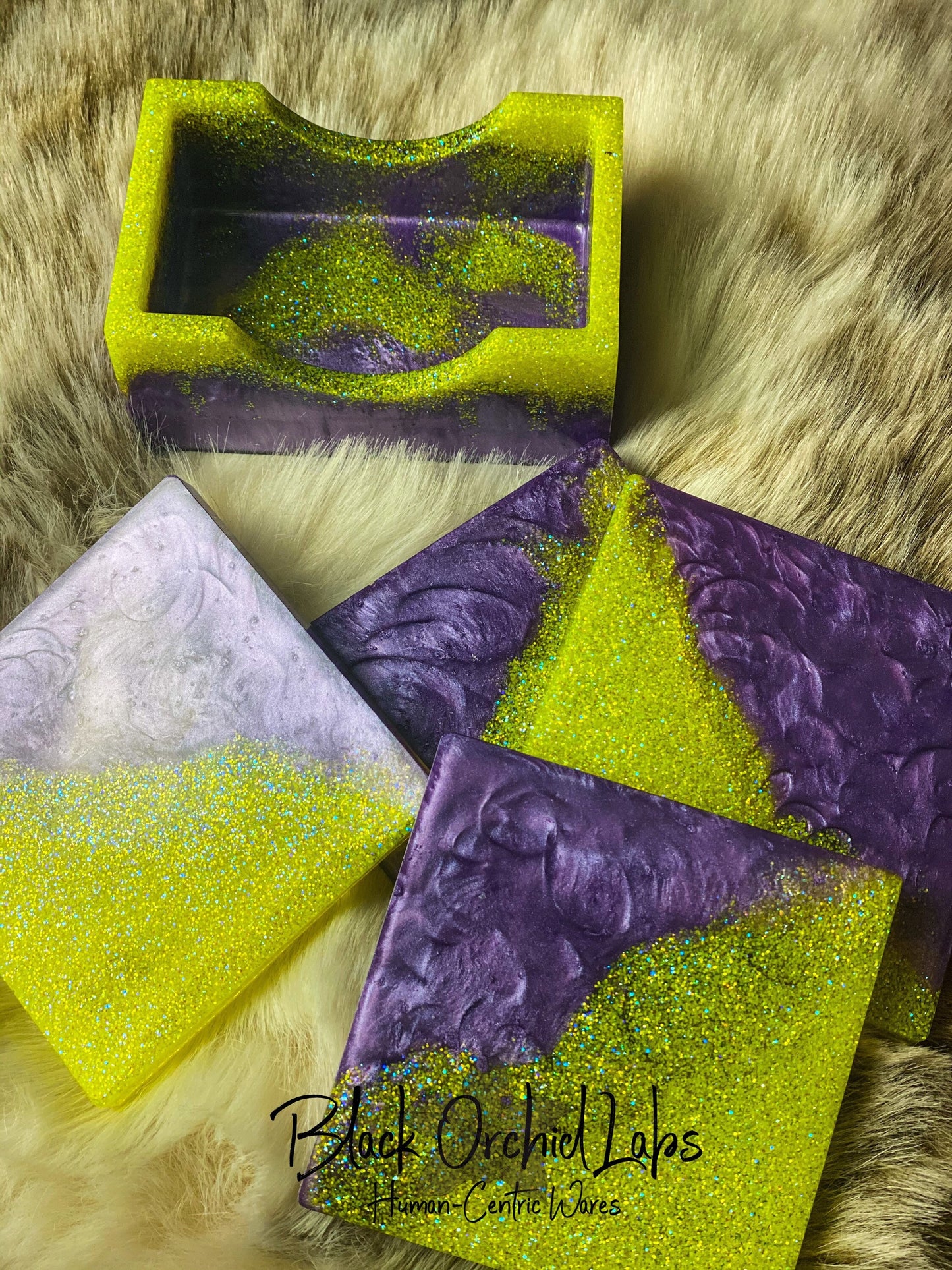 Set of 4 Resin Coaster Set, Artistic Coaster Set, Purple and Yellow Neon, Housewarming, Wedding Gift, Elegant Home, Office Decor