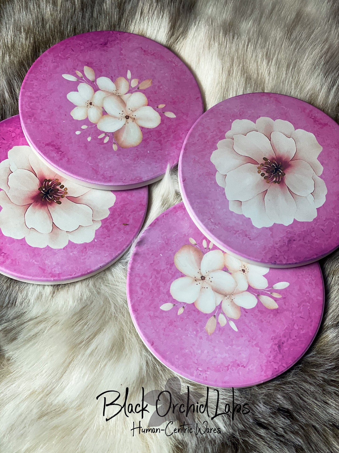 Set of 4 Sandstone Floral Coasters, Pastel coaster set, Floral Housewarming Gift, Home and Office Gift, Lilac Coasters, Wedding Gift