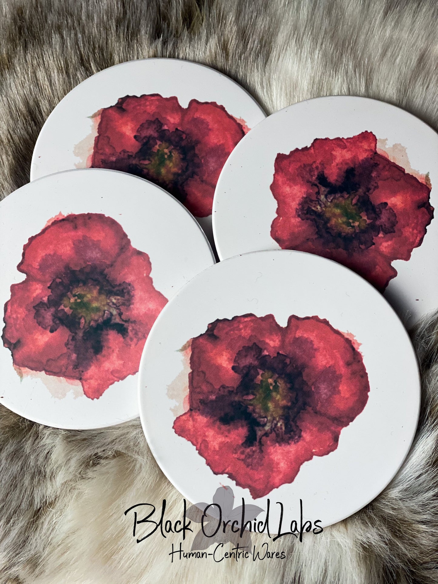 Poppy Watercolor Set of 4 Sandstone Coasters, Red Poppy, Housewarming Gift, Home and Office Gift, Furniture and Decor