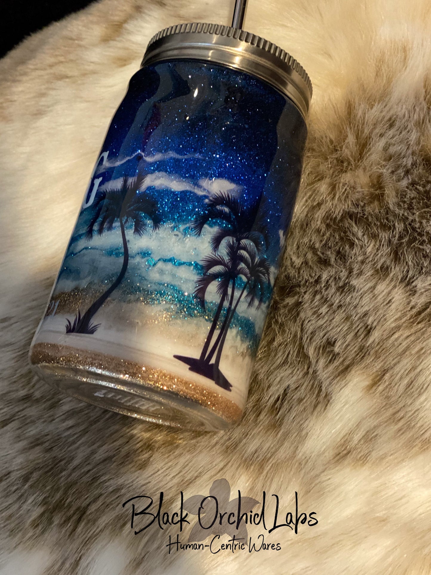 Palm Tree, Beach Glitter Tumbler, Ocean Inspired, Travel Mug, Beach Water Bottle, Vacation Coffee Traveler, Beach Scene