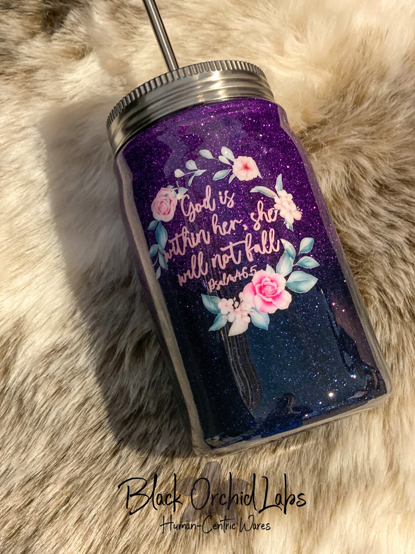 Psalm 46:5 Glitter Tumbler, Navy and Purple Glitter Ombré, Travel Mug, Religious Water Bottle, Inspirational Coffee Tumbler