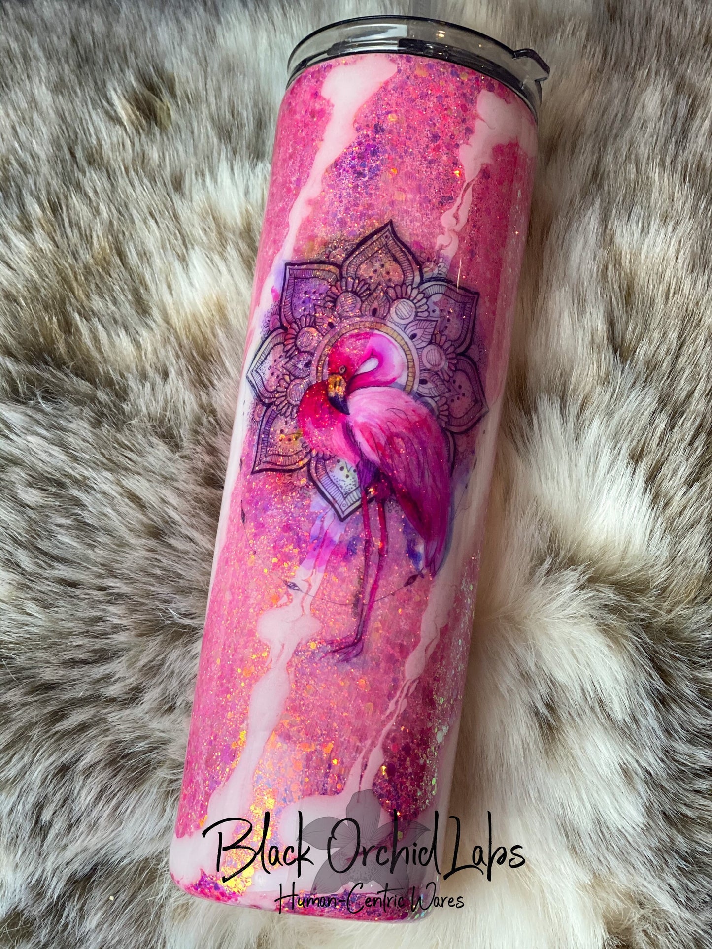 Pink Flamingo Glitter Tumbler, Beautiful Mandala Travel Mug, Elegant Sparkly Coffee Mug