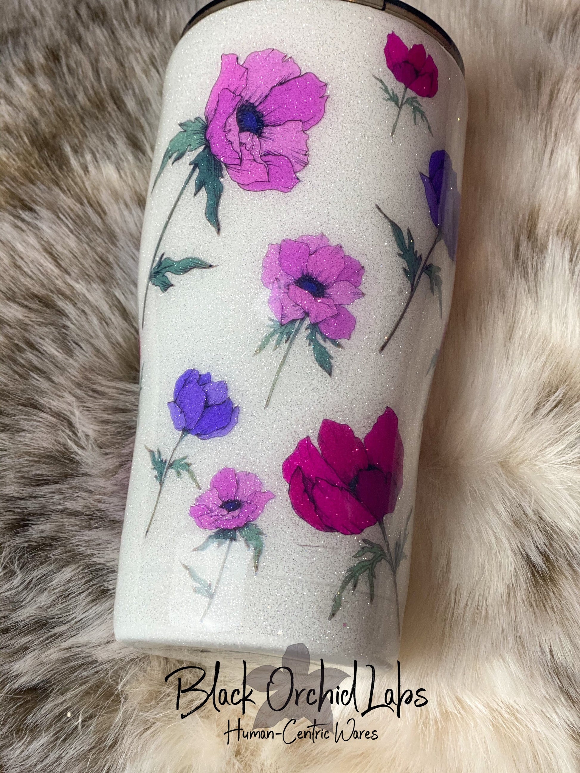 Anemone Glitter Tumbler, Floral Springtime Travel Mug, Bright Anemone Coffee Mug, White Floral Water Bottle, Feminine Tumbler