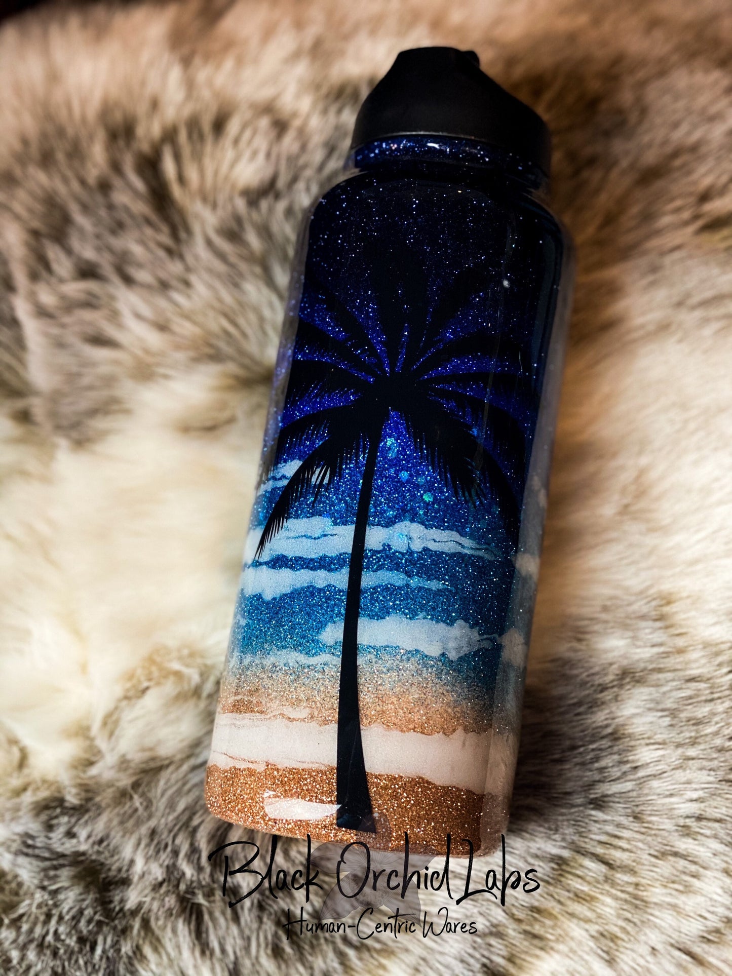 Palm Tree, Beach Glitter Tumbler, Ocean Inspired, Travel Mug, Beach Water Bottle, Vacation Coffee Traveler, Beach Scene