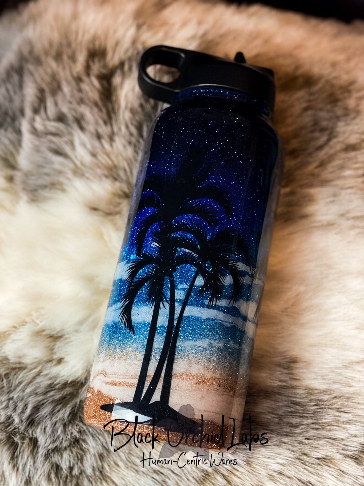 Palm Tree, Beach Glitter Tumbler, Ocean Inspired, Travel Mug, Beach Water Bottle, Vacation Coffee Traveler, Beach Scene