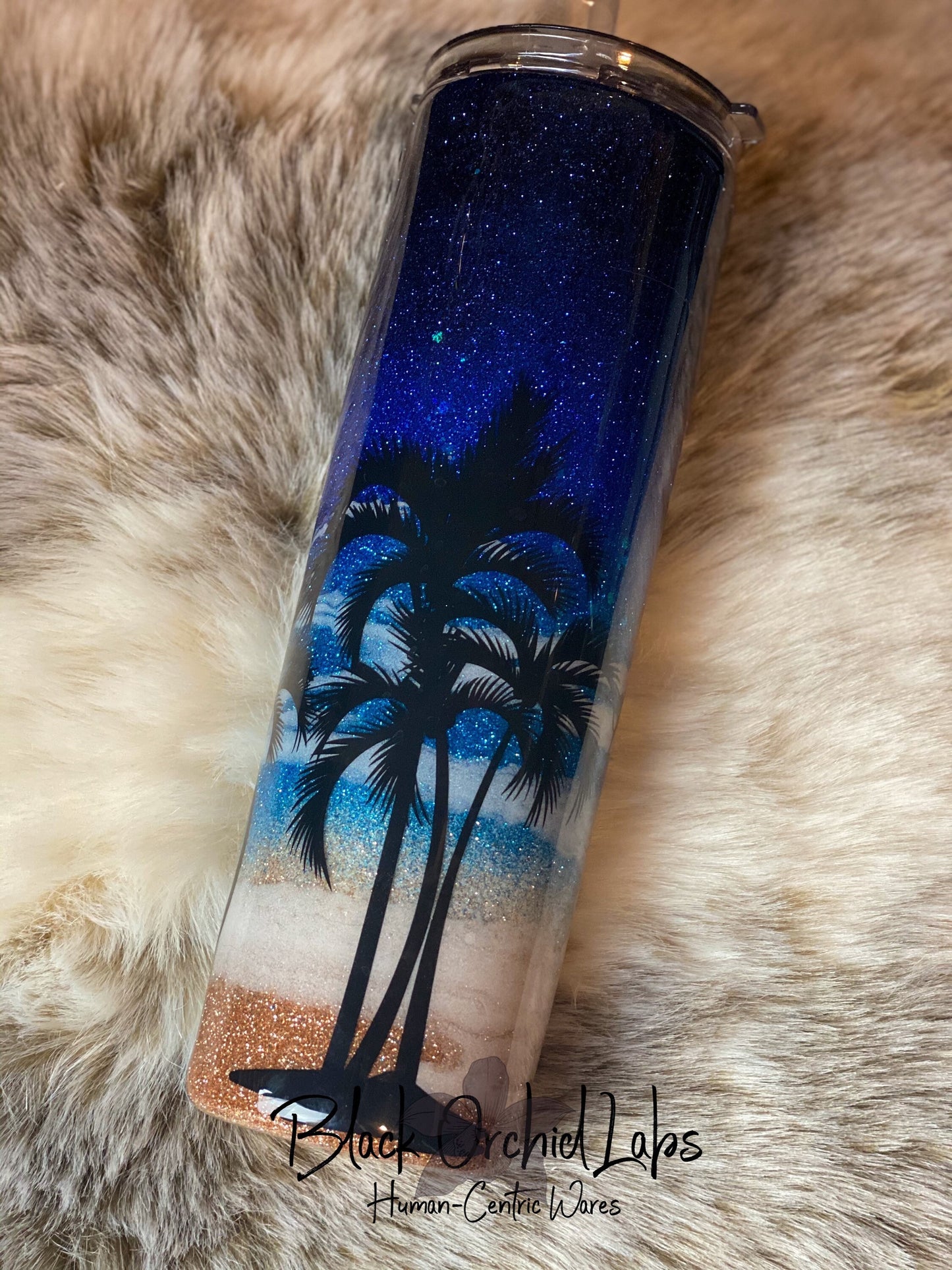 Palm Tree, Beach Glitter Tumbler, Ocean Inspired, Travel Mug, Beach Water Bottle, Vacation Coffee Traveler, Beach Scene