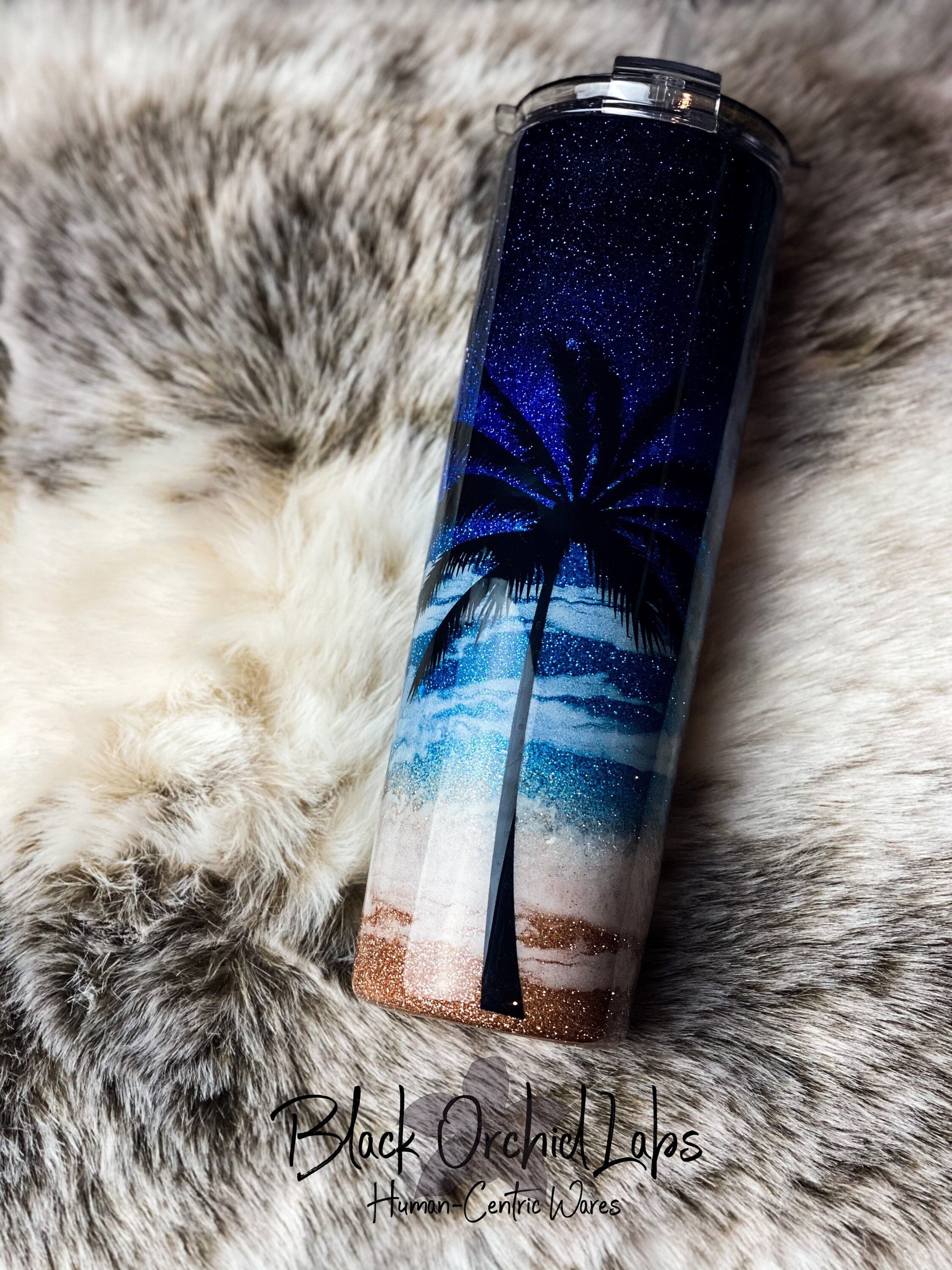 Palm Tree, Beach Glitter Tumbler, Ocean Inspired, Travel Mug, Beach Water Bottle, Vacation Coffee Traveler, Beach Scene