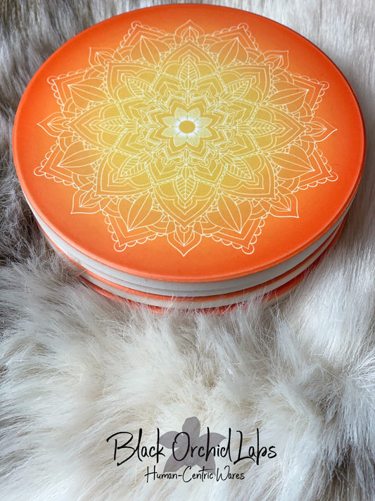 Orange Mandala Set of 4 Sandstone Coasters, Mandala, Furniture and decor, Housewarming Gift, Home and Office Gift, gift for her