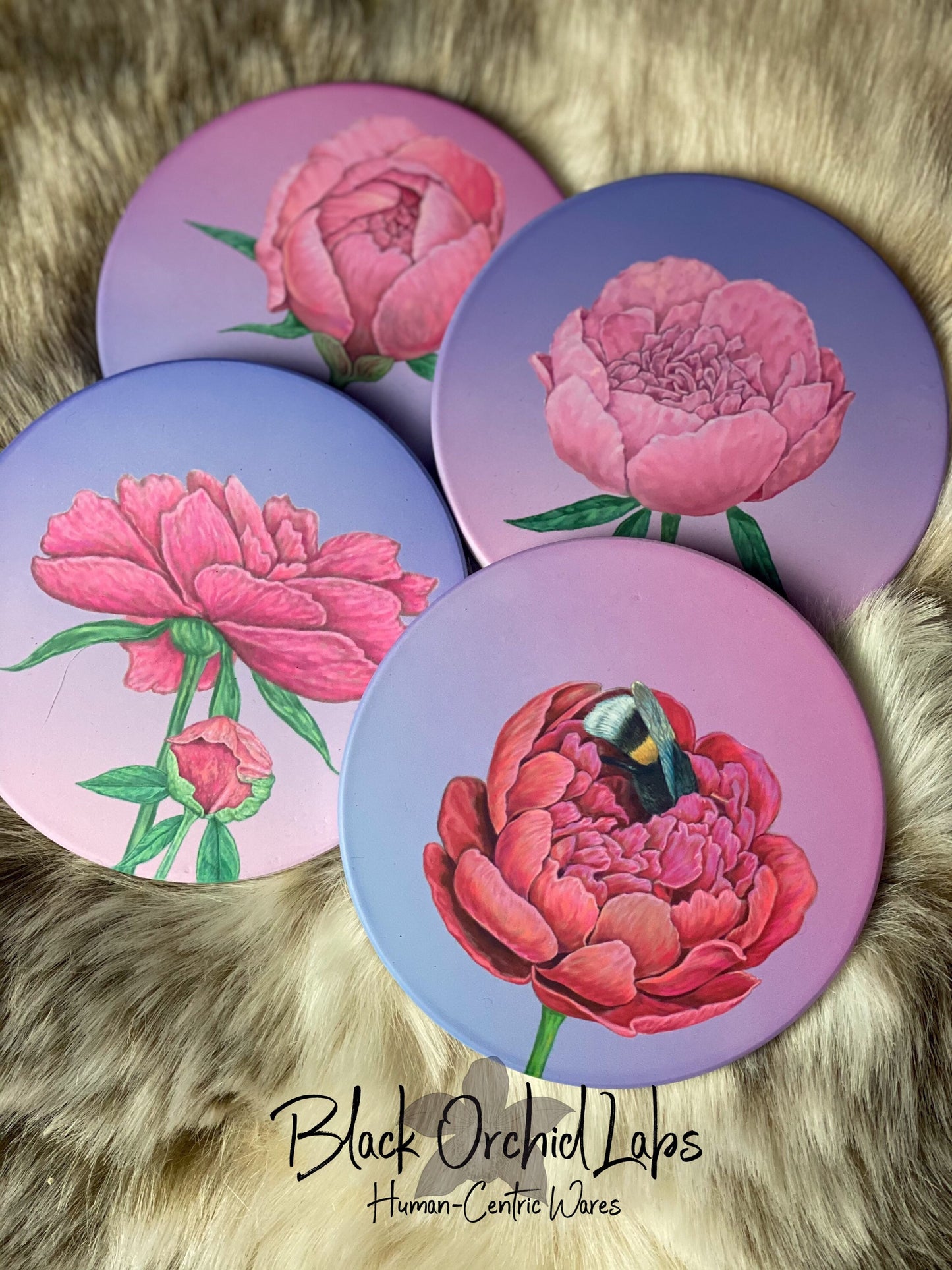 Peony Bee Set of 4 Sandstone Coasters, Pink Peony, Housewarming Gift, Home and Office Gift, Wedding Gift, furniture and decor