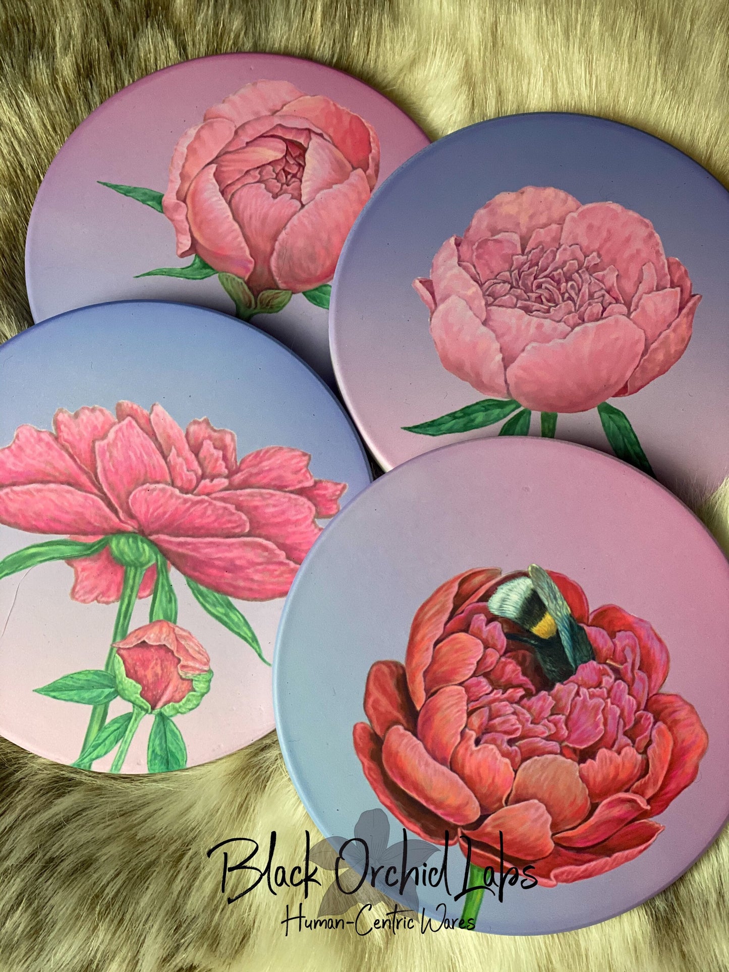 Peony Bee Set of 4 Sandstone Coasters, Pink Peony, Housewarming Gift, Home and Office Gift, Wedding Gift, furniture and decor