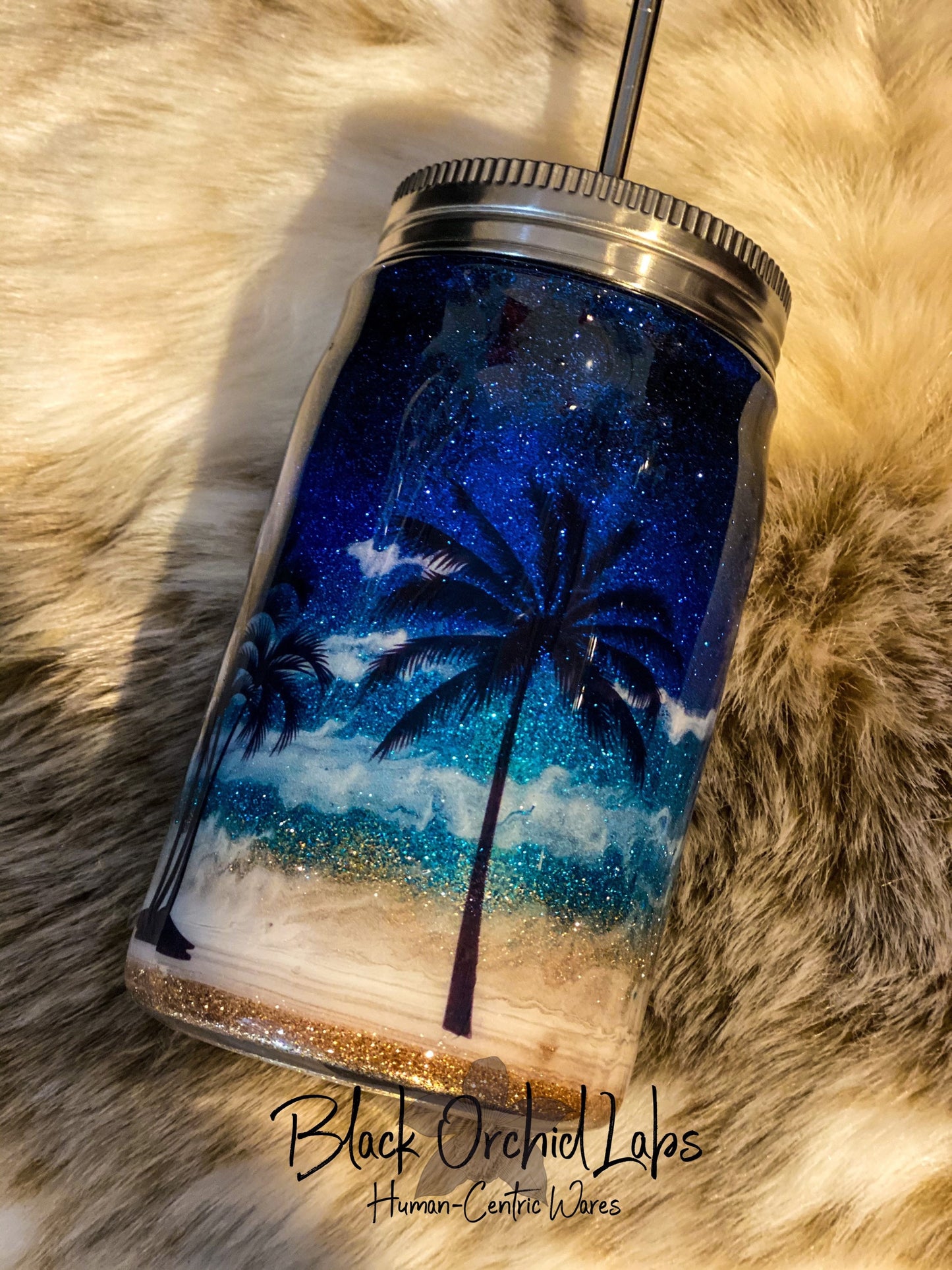 Palm Tree, Beach Glitter Tumbler, Ocean Inspired, Travel Mug, Beach Water Bottle, Vacation Coffee Traveler, Beach Scene