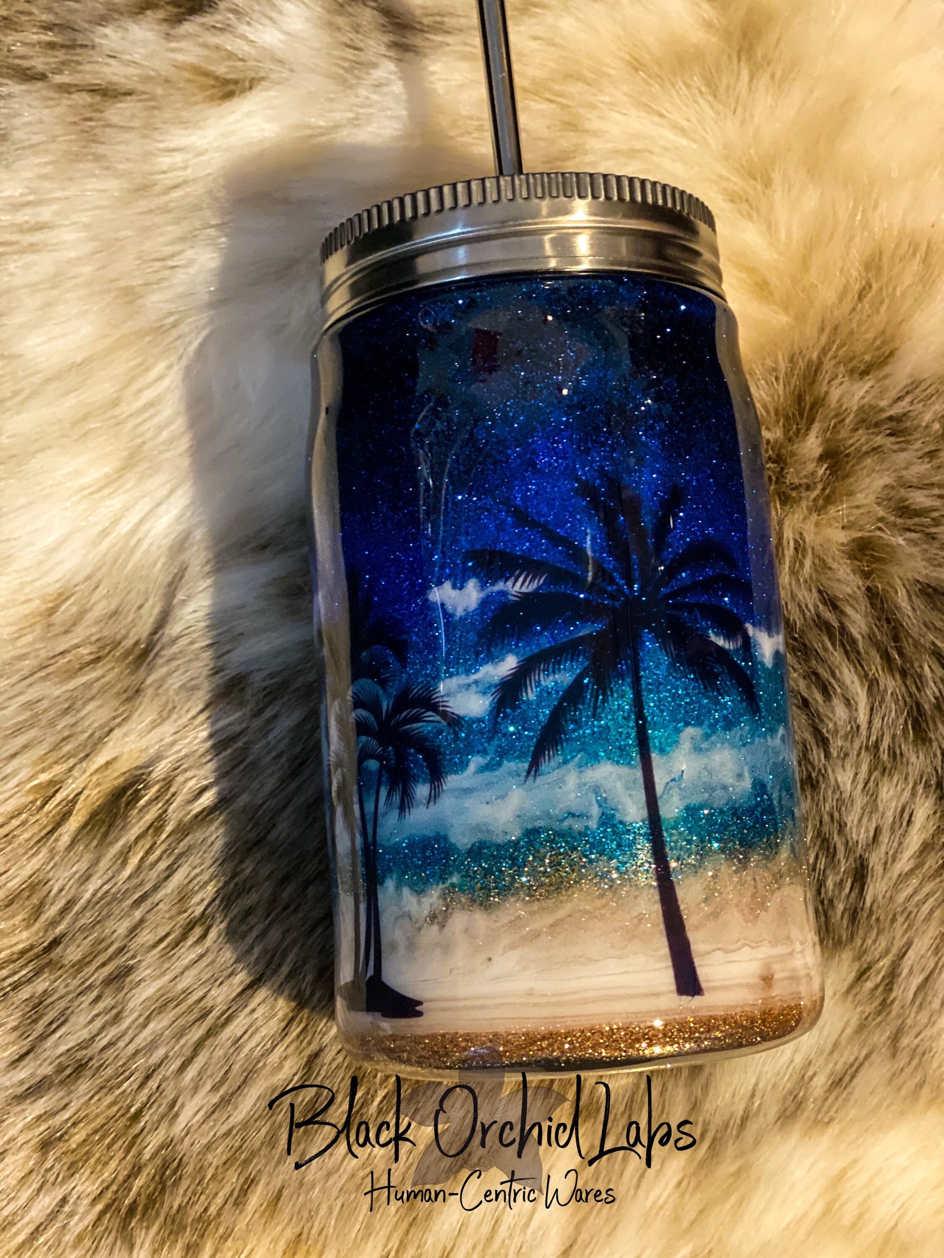 Palm Tree, Beach Glitter Tumbler, Ocean Inspired, Travel Mug, Beach Water Bottle, Vacation Coffee Traveler, Beach Scene