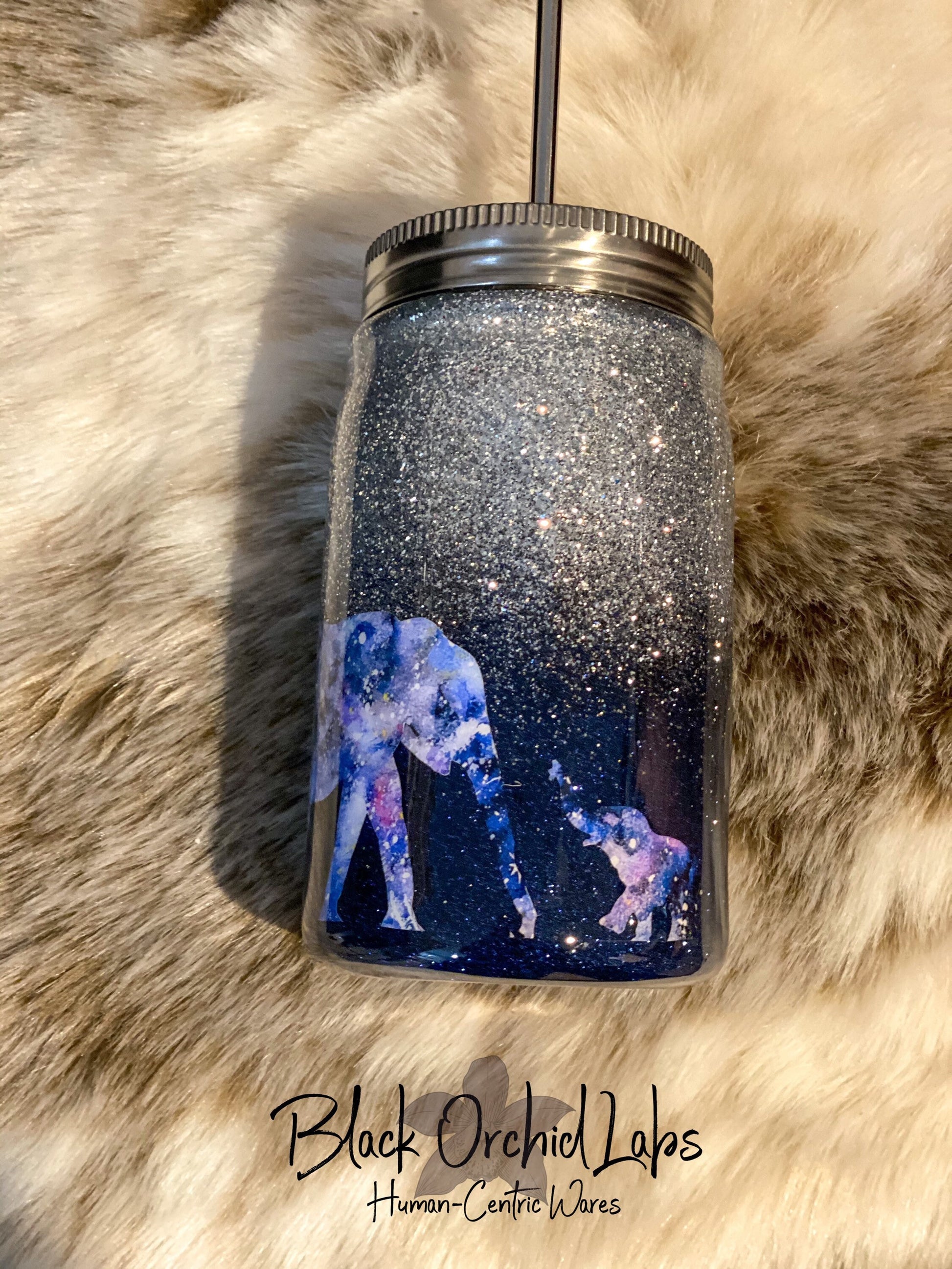 Elephant Navy and Silver Glitter Tumbler, Glitter Ombré Travel Mug, Gift for Mom, Animal Babies, Elephant Water Bottle