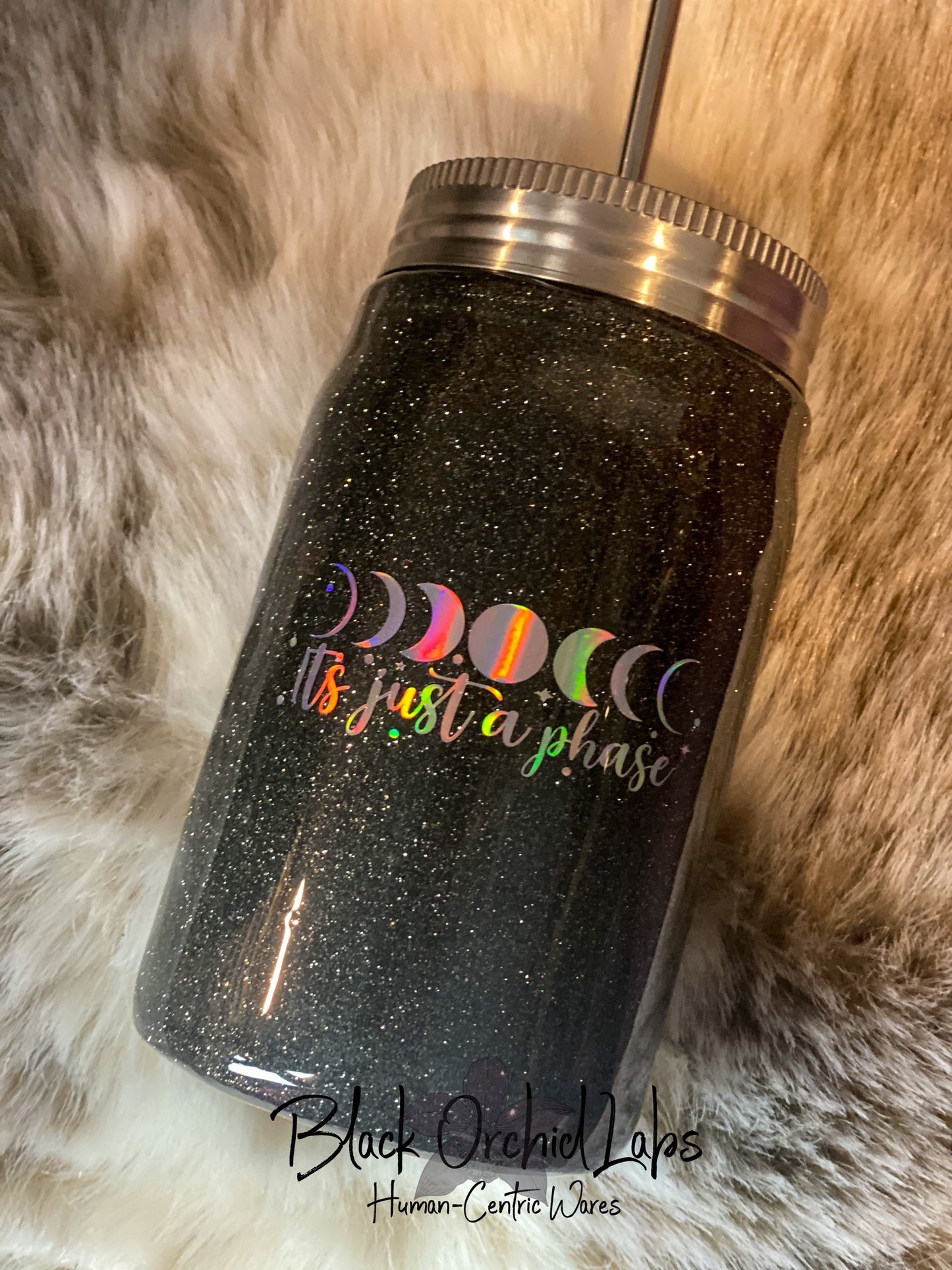 Lunar Gray Glitter Tumbler, Just a Phase Travel Mug, Moon Phases Water Bottle, Moon Lover, Moon Worshipper, Celestial, Gray Glitter