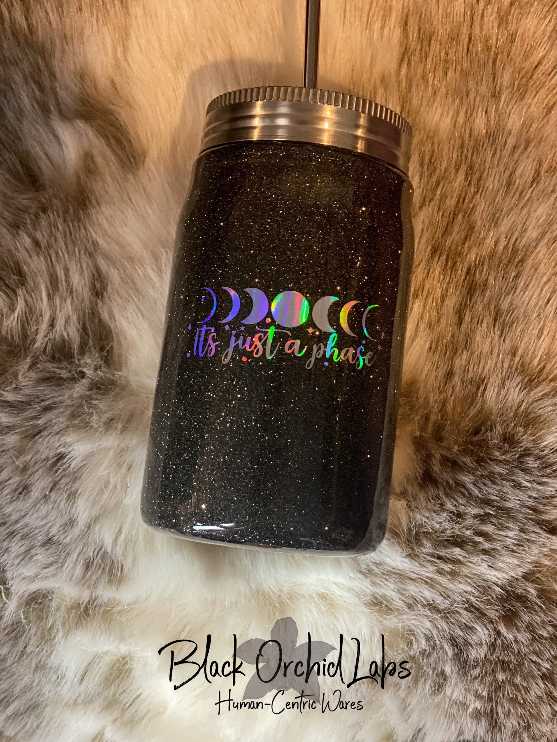 Lunar Gray Glitter Tumbler, Just a Phase Travel Mug, Moon Phases Water Bottle, Moon Lover, Moon Worshipper, Celestial, Gray Glitter