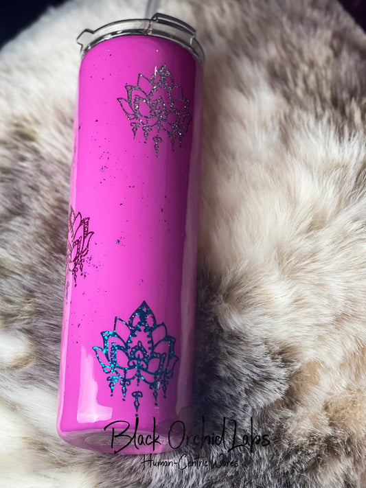 Glitter Lotus Tumbler, Water Lily travel Mug, Pink Eastern Water Bottle