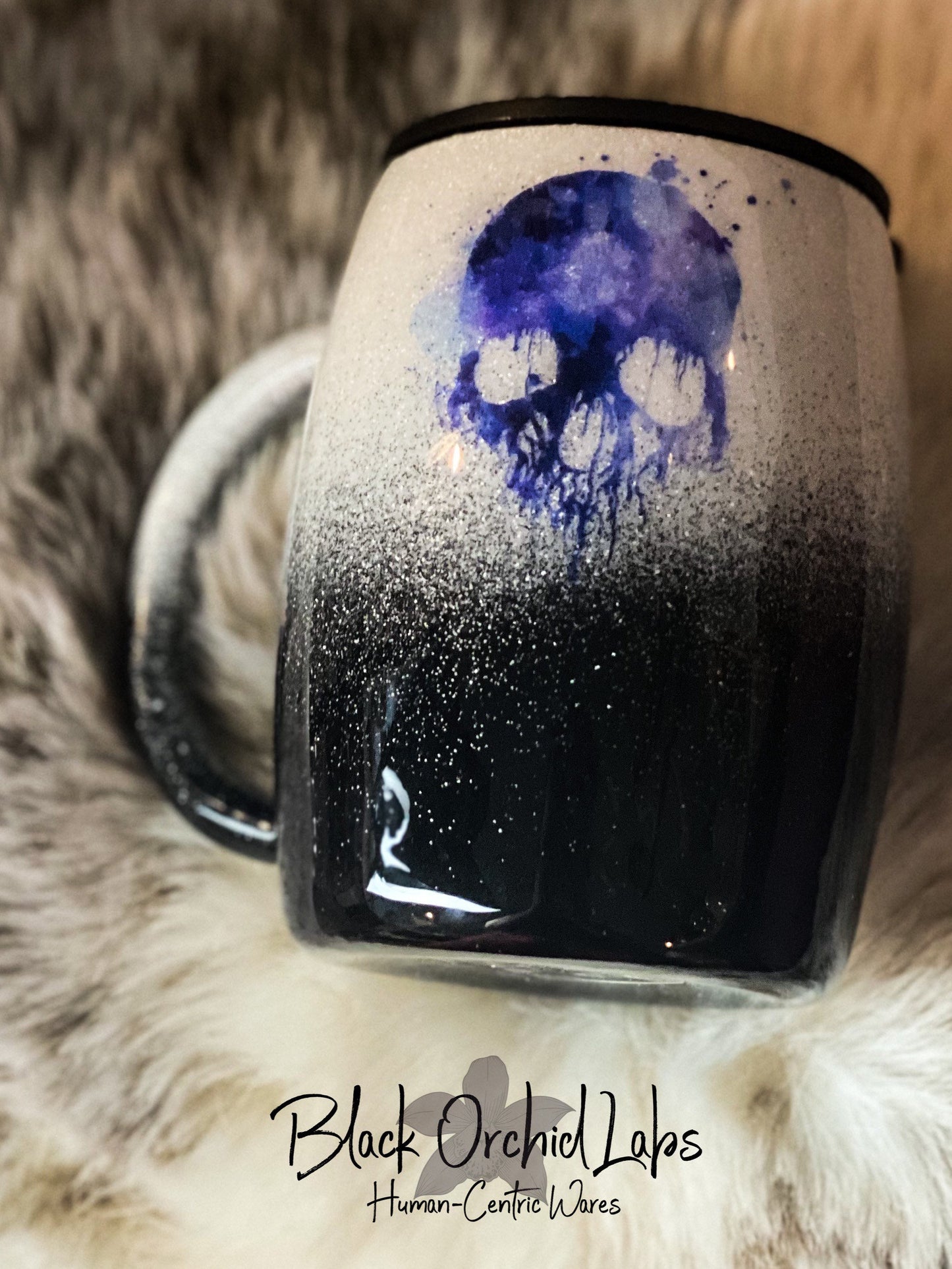 Black and White Glitter Ombre, Purple Watercolor Skull Tumbler, Punk Water Bottle, Gothic, Watercolor, Anatomy Travel Mug, Hipster, Goth