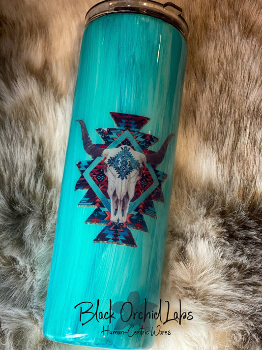 Tribal Skull Tumbler, Native American Travel Mug, Turquoise, Woodgrain Water Bottle, Bohemian