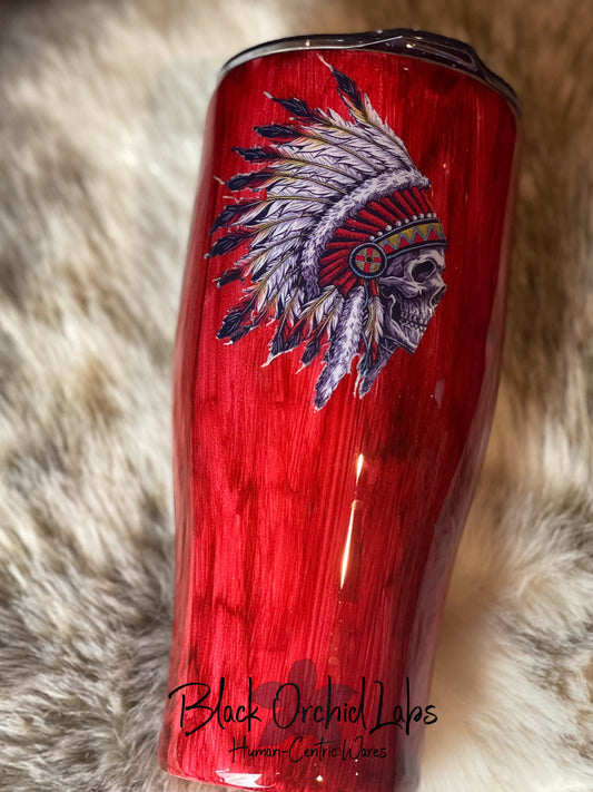 Tribal Chief Skull Tumbler, Native American Travel Mug, Red, Woodgrain Water Bottle, Native American Chief, Skull Water Bottle