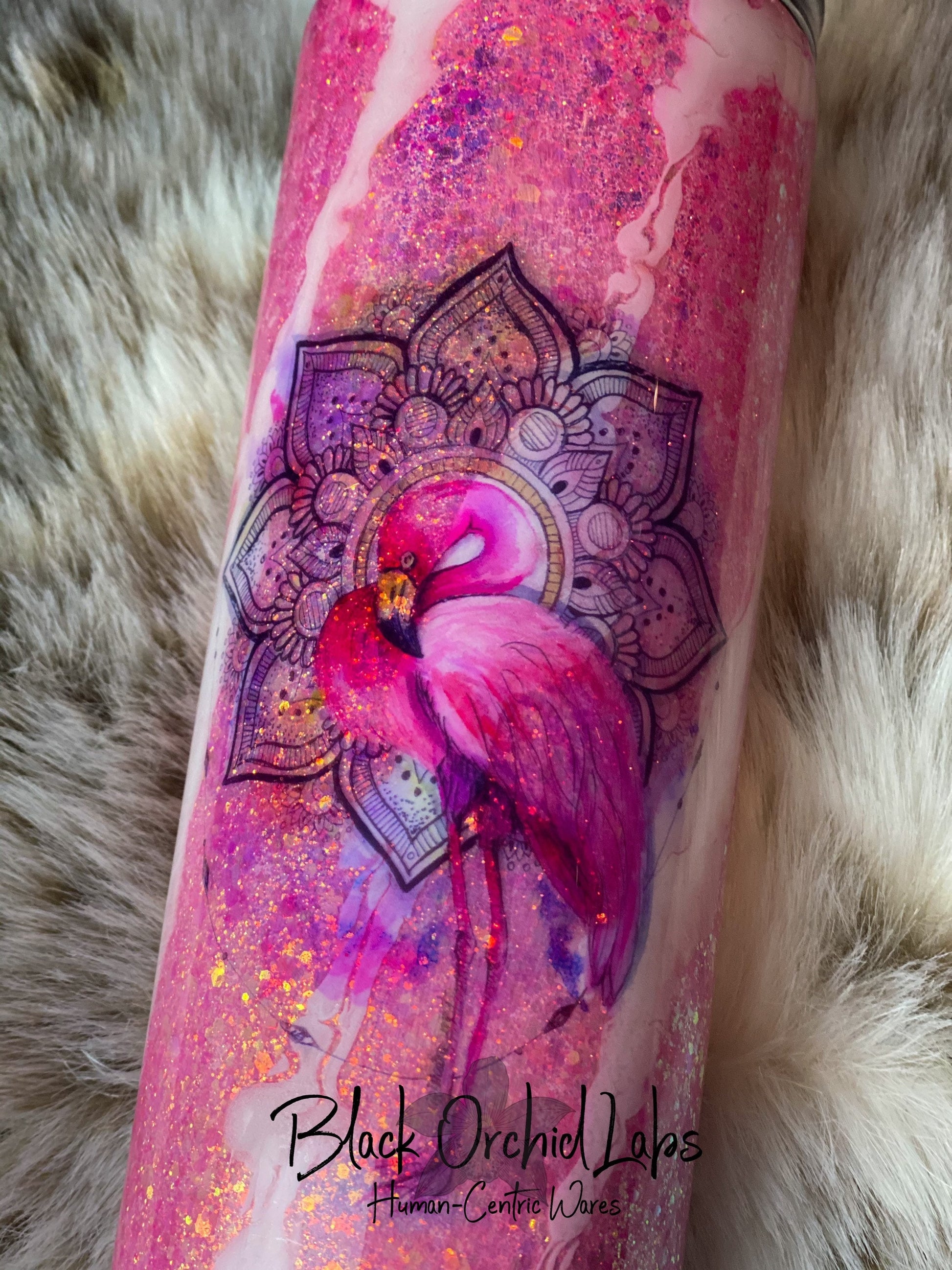 Pink Flamingo Glitter Tumbler, Beautiful Mandala Travel Mug, Elegant Sparkly Coffee Mug
