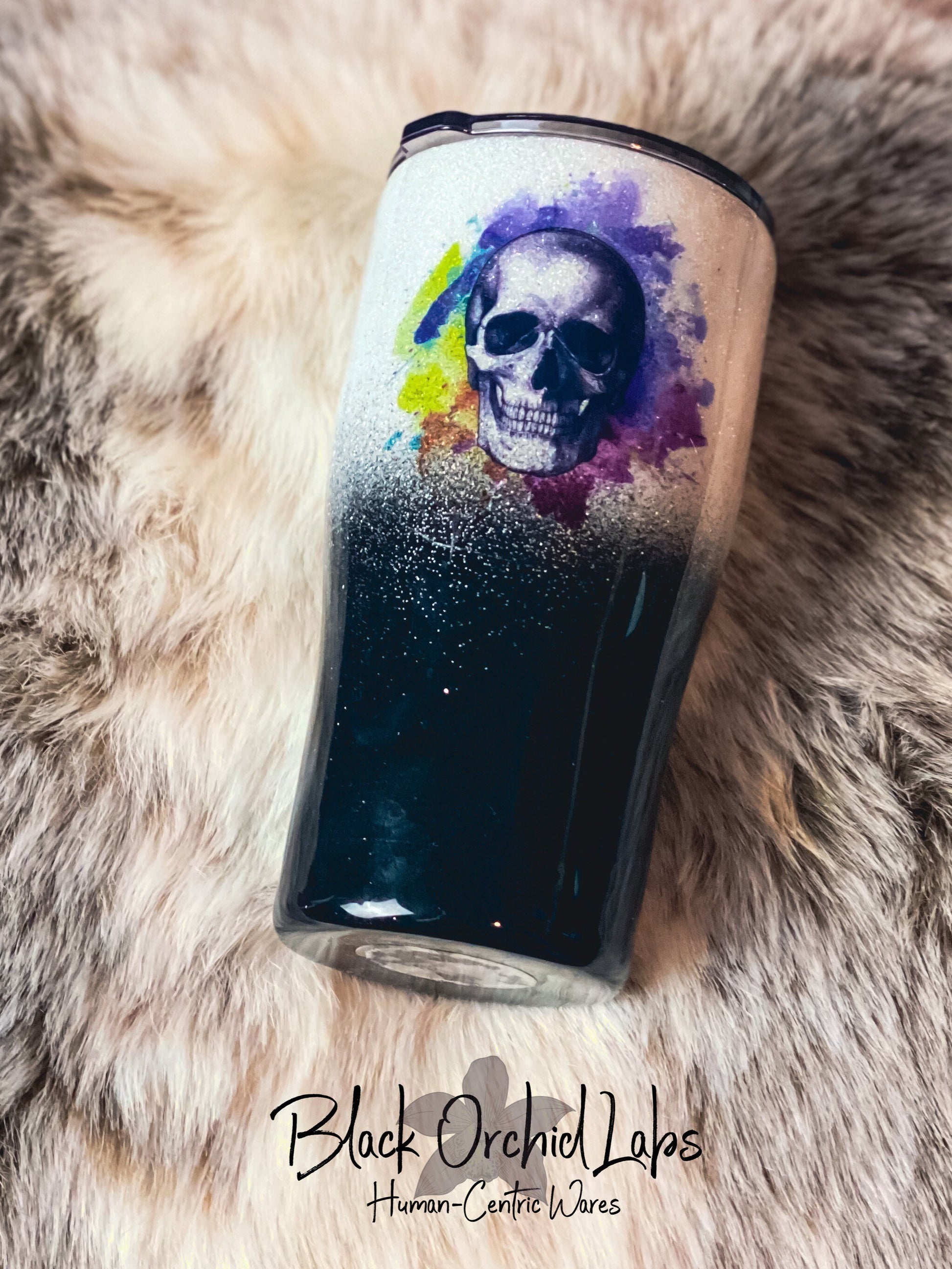 Black and White Glitter Ombre Painted Skull Tumbler, Punk Water Bottle, Gothic, Artistic, Anatomy Travel Mug, Punk, Goth, Hipster Gift