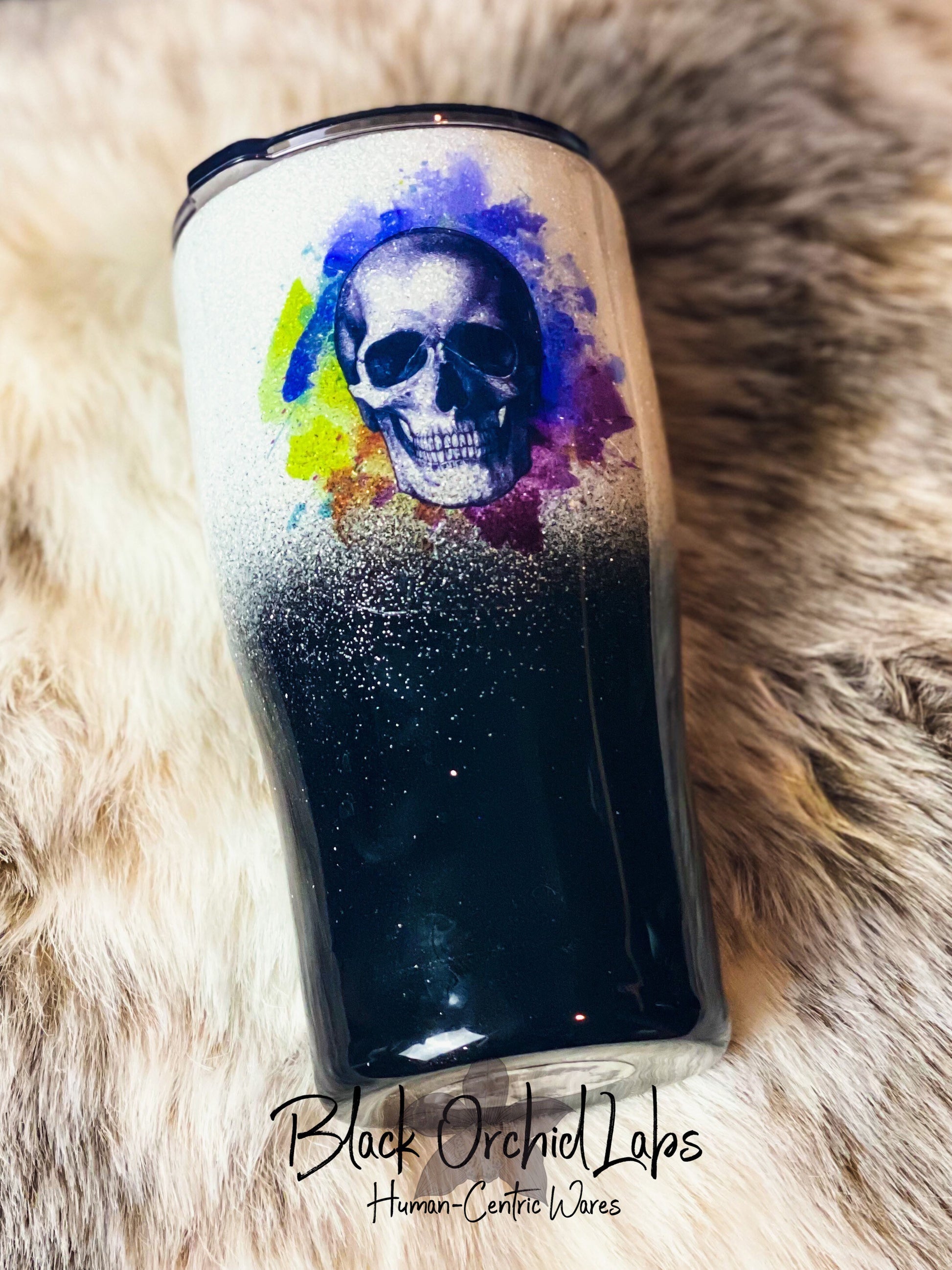 Black and White Glitter Ombre Painted Skull Tumbler, Punk Water Bottle, Gothic, Artistic, Anatomy Travel Mug, Punk, Goth, Hipster Gift