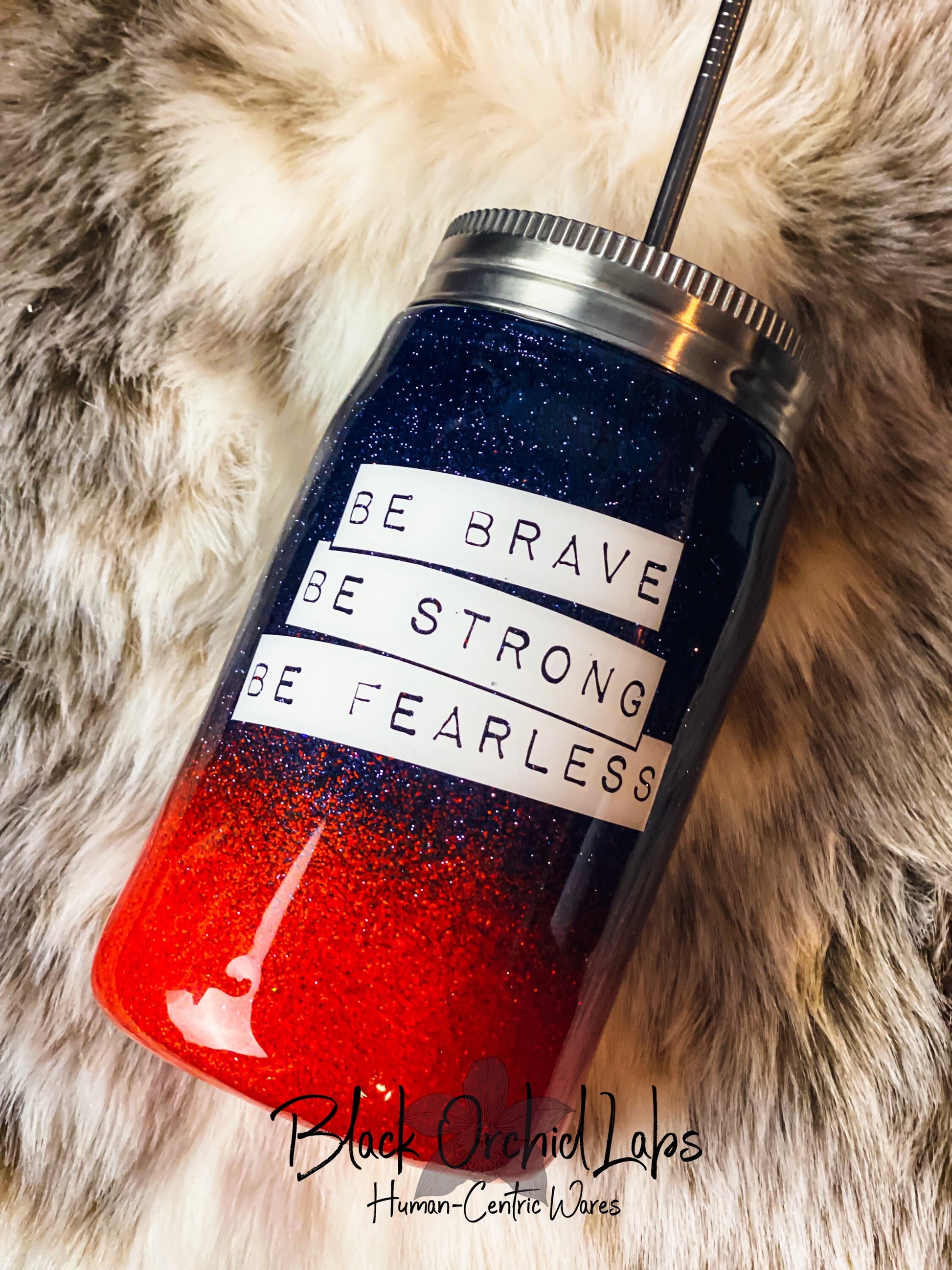 Fearless Navy and Orange Glitter Tumbler, Be Bold Glitter Ombré Travel Mug, Empowering Gift, Feminist, Encouraging Water Bottle