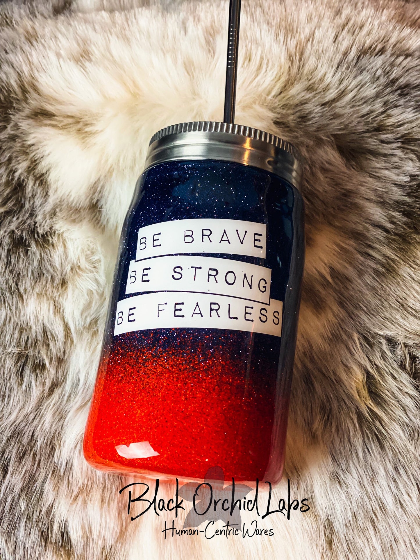 Fearless Navy and Orange Glitter Tumbler, Be Bold Glitter Ombré Travel Mug, Empowering Gift, Feminist, Encouraging Water Bottle