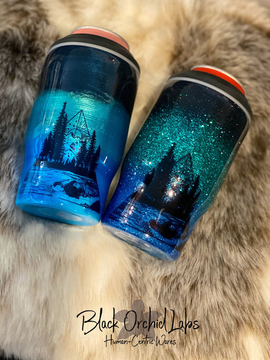 Mountain Lover Glitter or non glitter Ombre can cooler, bottle cooler, River Life Travel Mug, Outdoors, Camping, River Lover, Can Holder