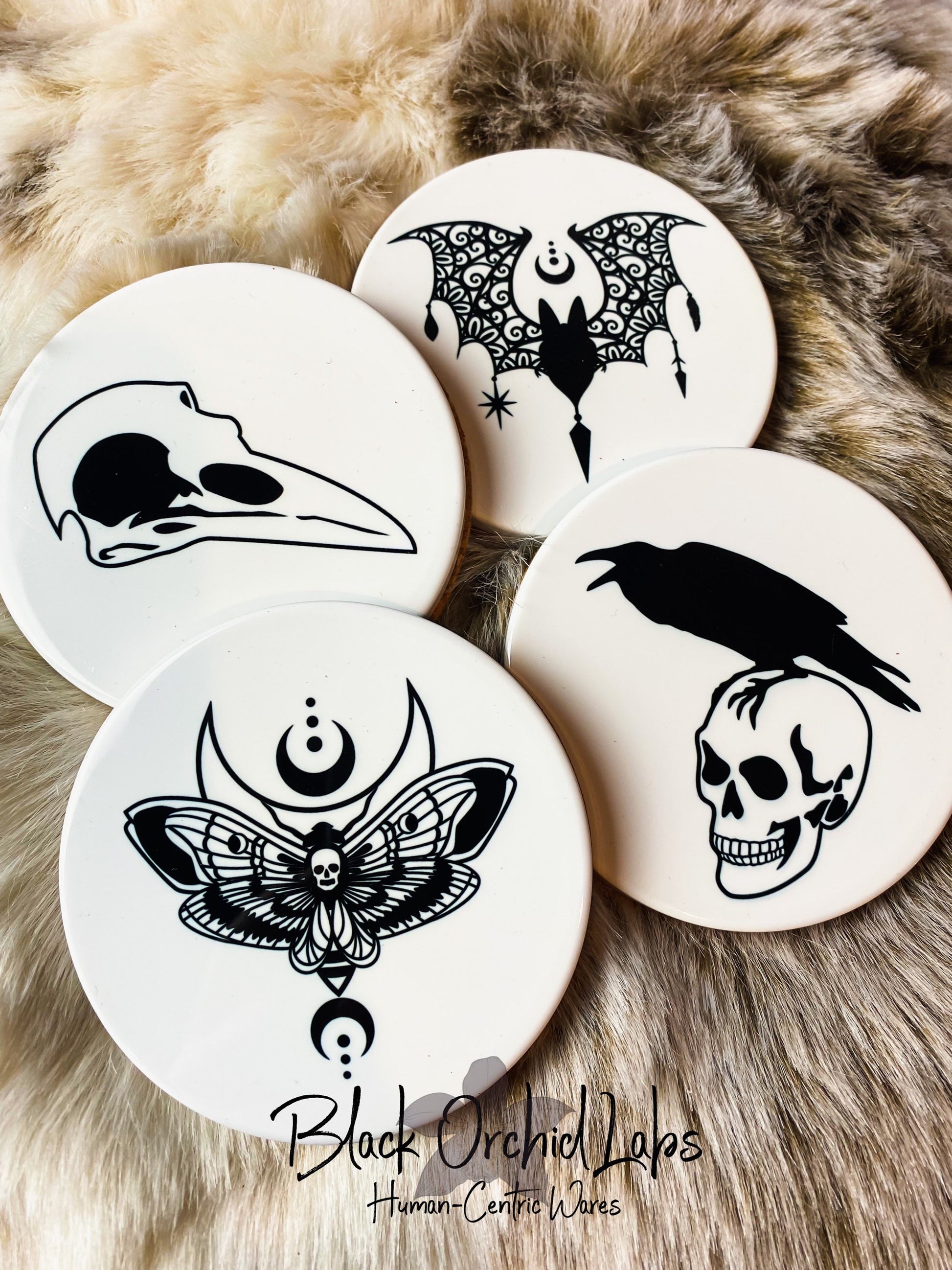 Dark Academia Set of 4 Ceramic Coasters, Skull witchy, furniture and decor, goth home decor